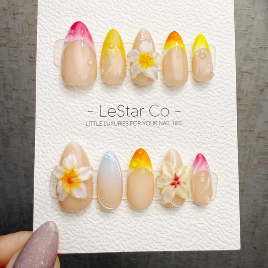 Timed Offer 4 For 3) Handmade Press On Summer Frangipani Gel Acrylic Nails