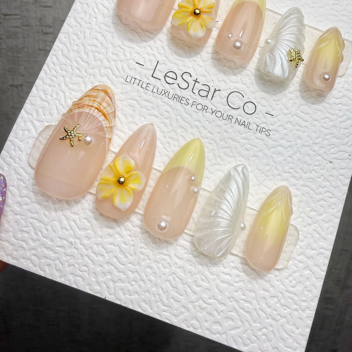 Timed Offer 4 For 3) Handmade Press On Shell & Sunshine Gel Acrylic Nails