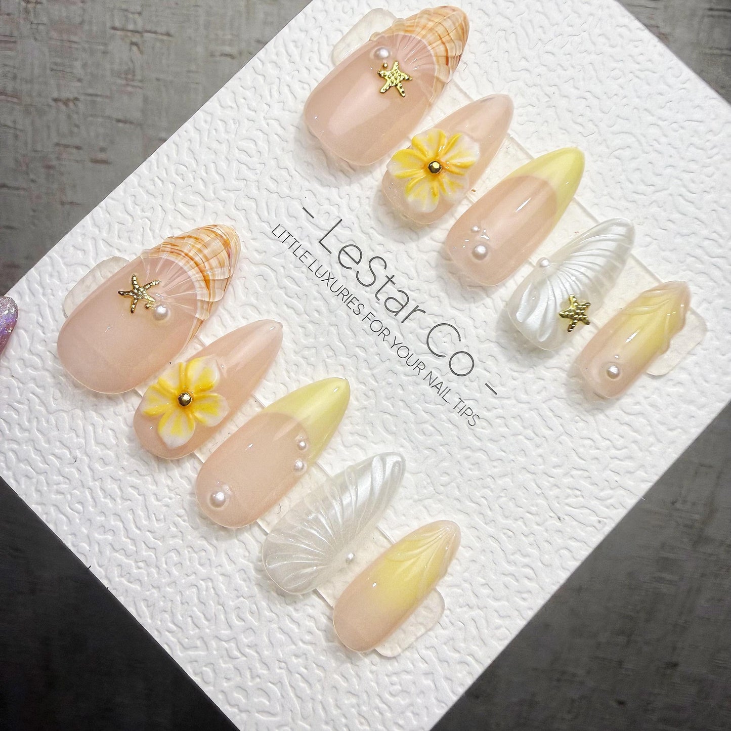 Timed Offer 4 For 3) Handmade Press On Shell & Sunshine Gel Acrylic Nails