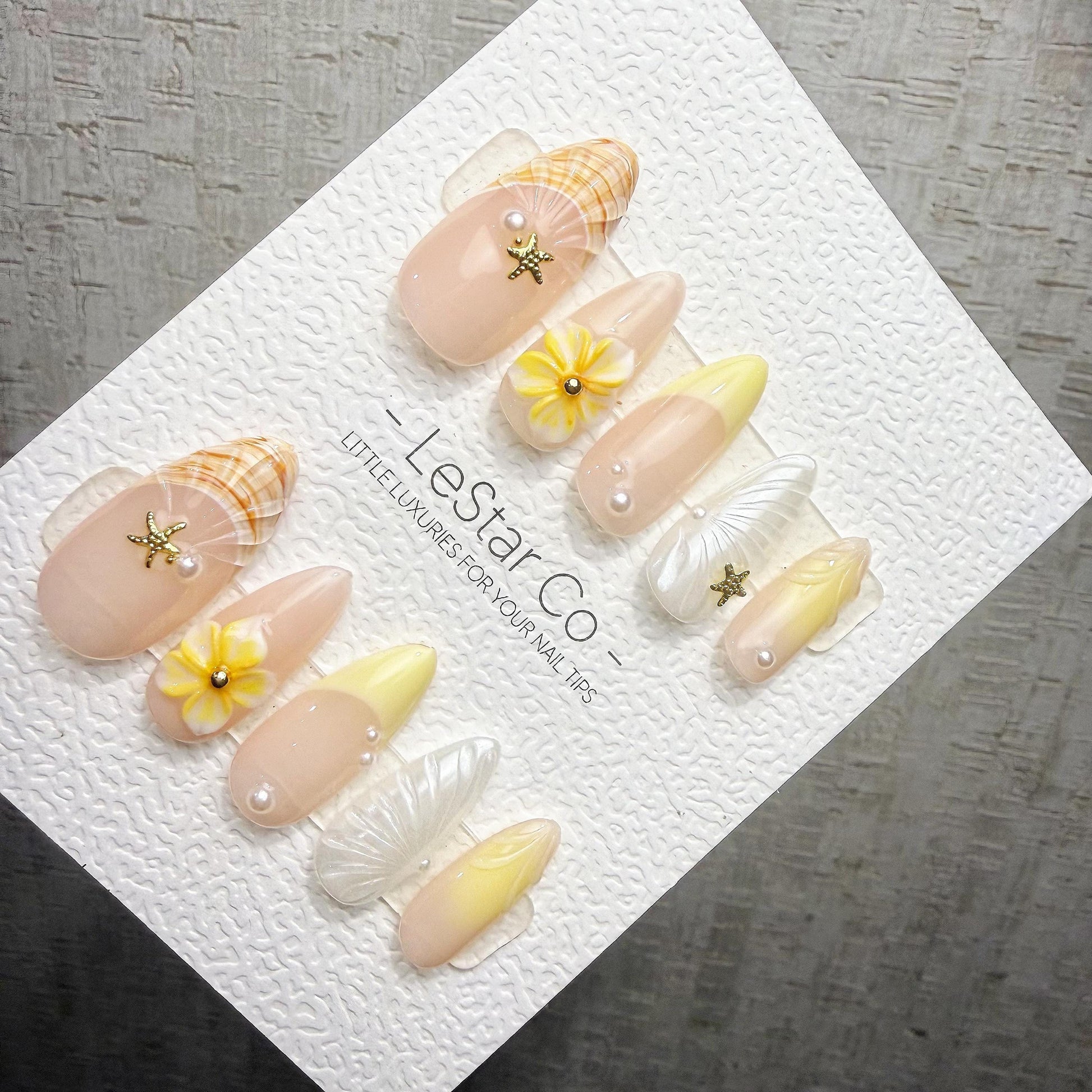 Timed Offer 4 For 3) Handmade Press On Shell & Sunshine Gel Acrylic Nails