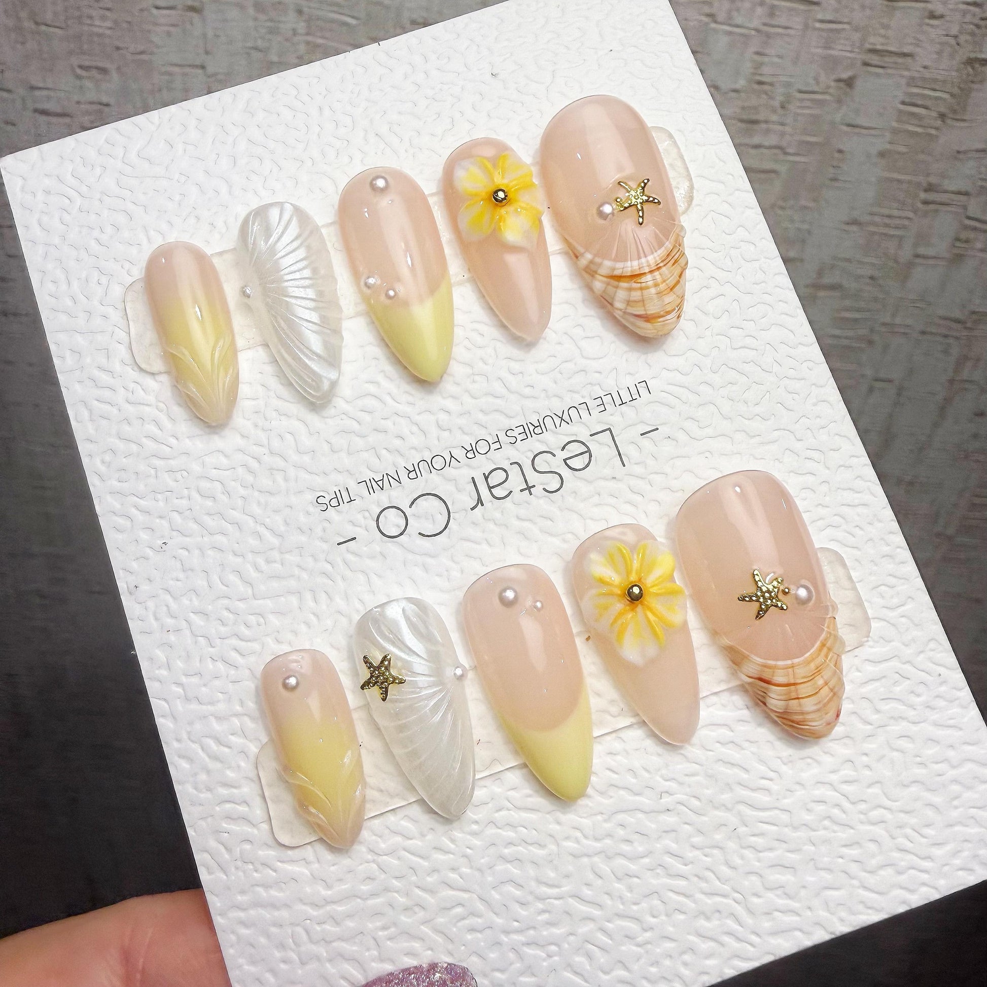 Timed Offer 4 For 3) Handmade Press On Shell & Sunshine Gel Acrylic Nails