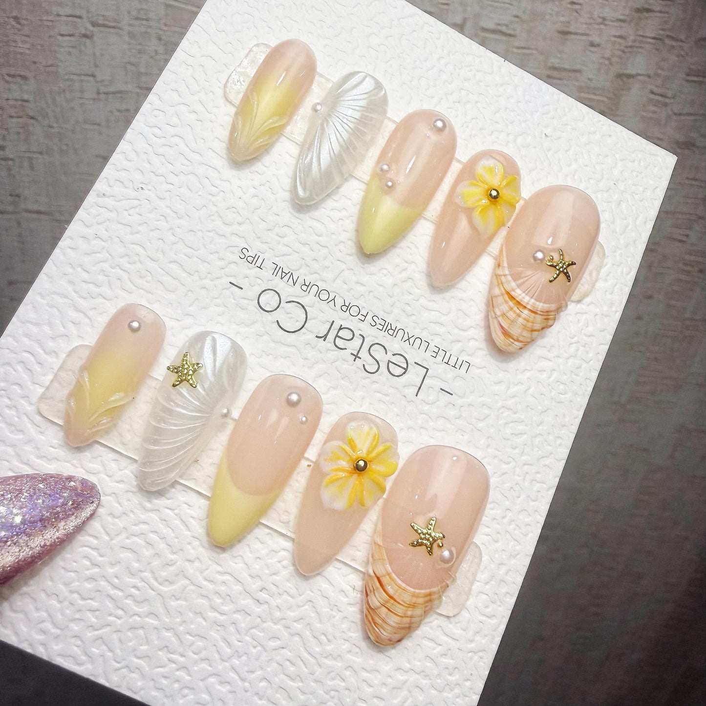 Timed Offer 4 For 3) Handmade Press On Shell & Sunshine Gel Acrylic Nails
