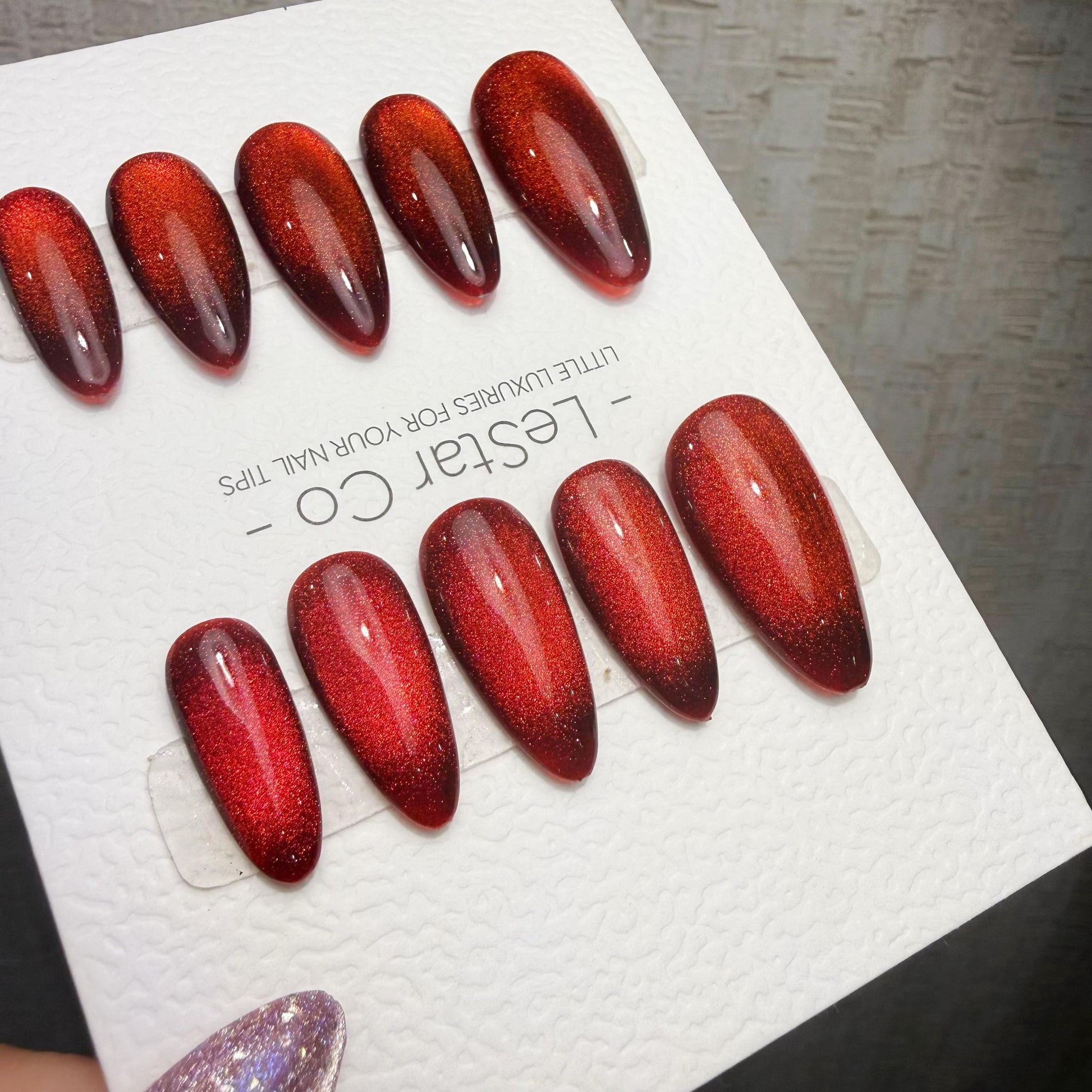 Handmade Ruby Eclipse Cat Eye Gel Press On Nails – Reusable, Customizable Manicure