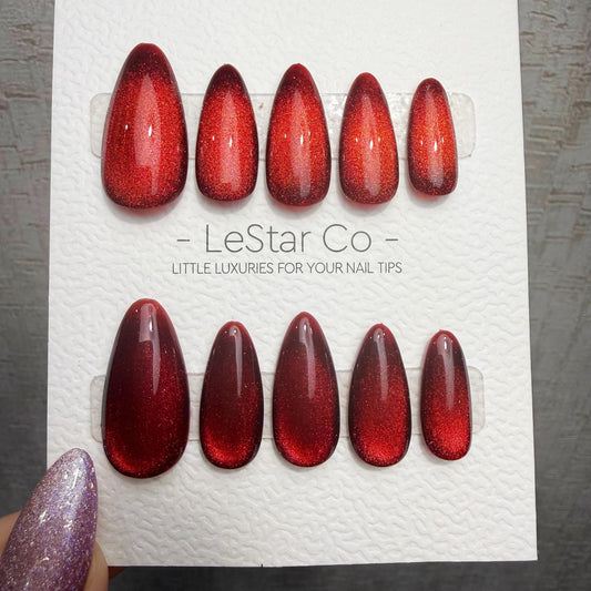 Handmade Ruby Eclipse Cat Eye Gel Press On Nails – Reusable, Customizable Manicure
