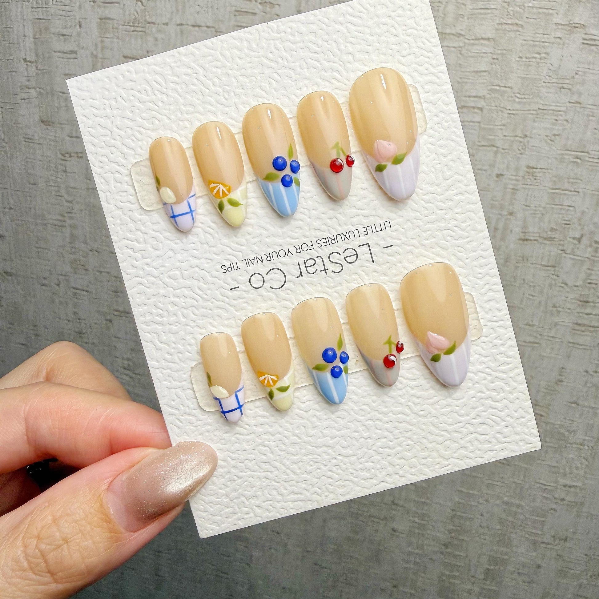 Timed Offer 4 For 3) Handmade Press On Fruit Market Gel Acrylic Nails