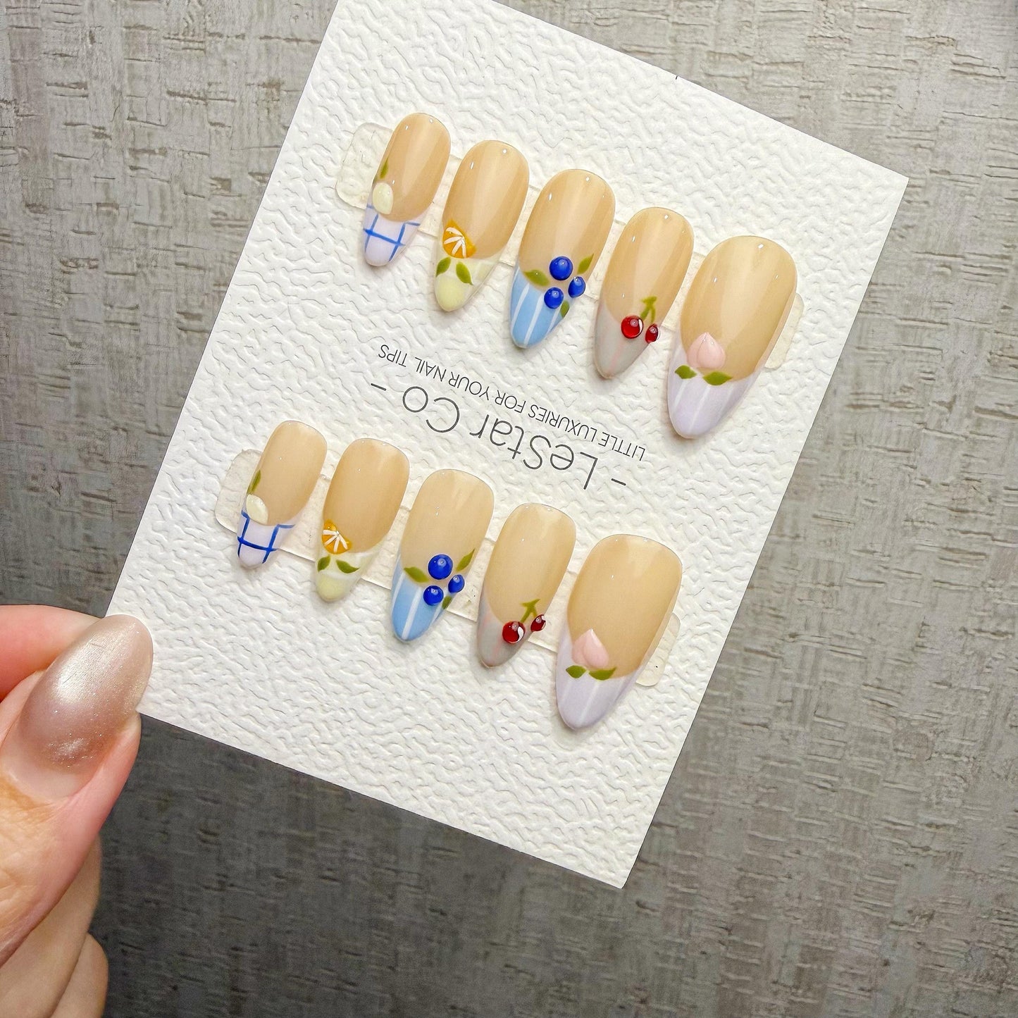 Timed Offer 4 For 3) Handmade Press On Fruit Market Gel Acrylic Nails
