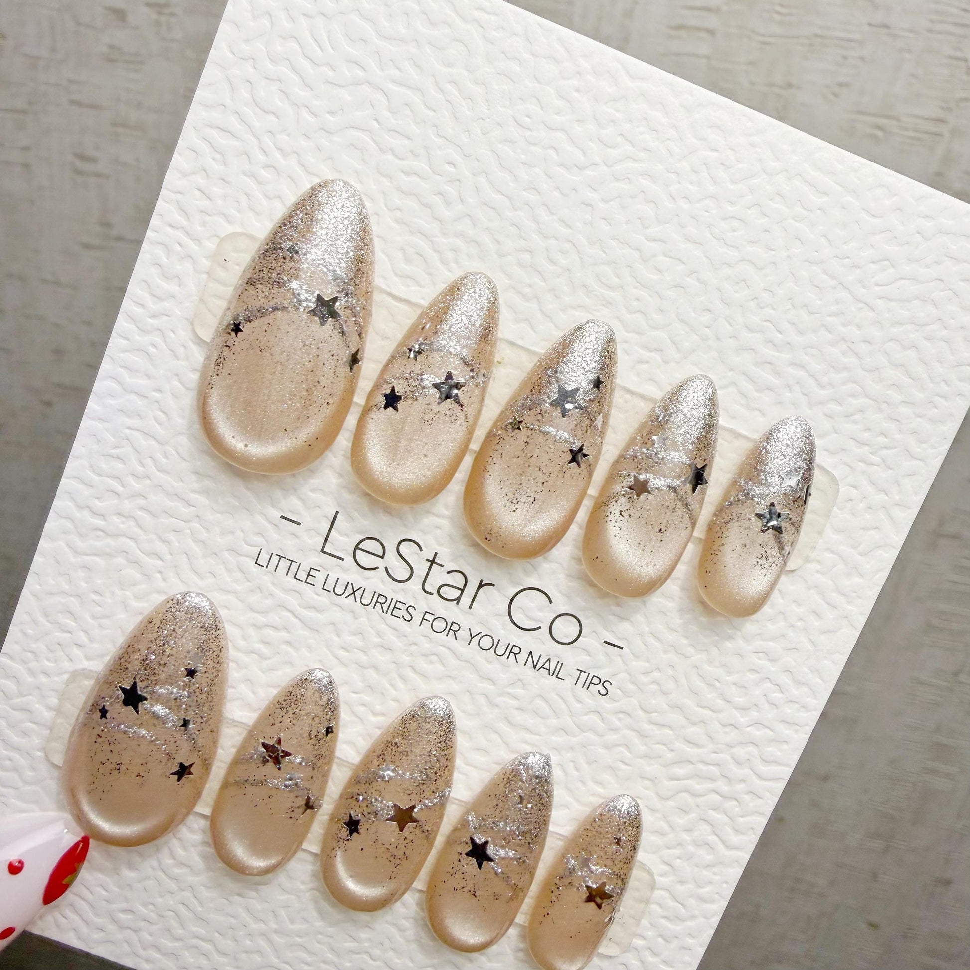 Handmade Starlit Champagne Cat Eye Press On Nails – Gel Acrylic Manicure
