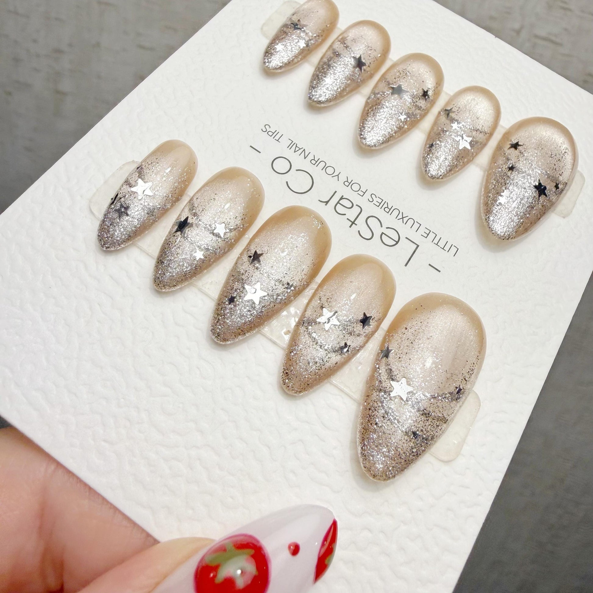 Handmade Starlit Champagne Cat Eye Press On Nails – Gel Acrylic Manicure