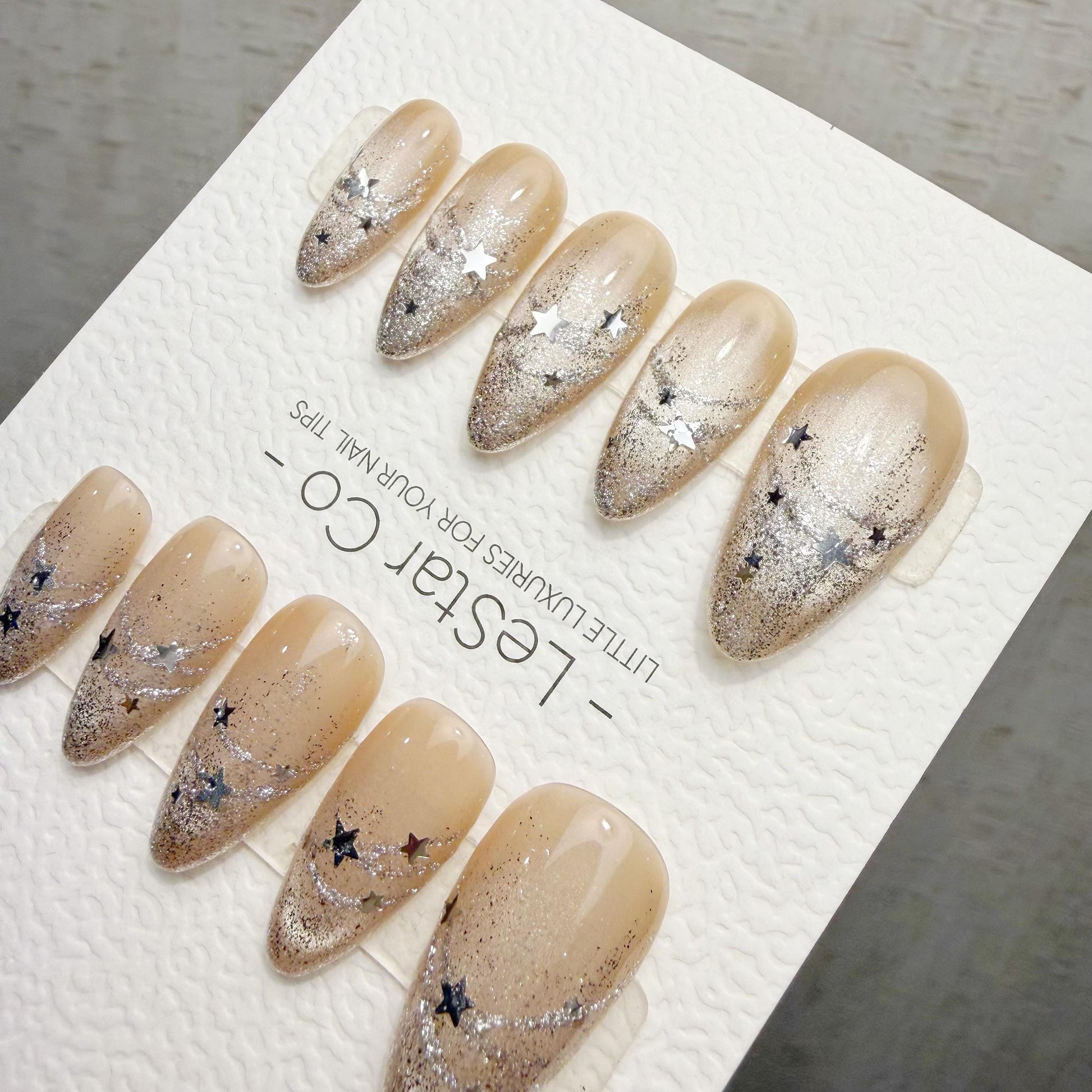 Handmade Starlit Champagne Cat Eye Press On Nails – Gel Acrylic Manicure
