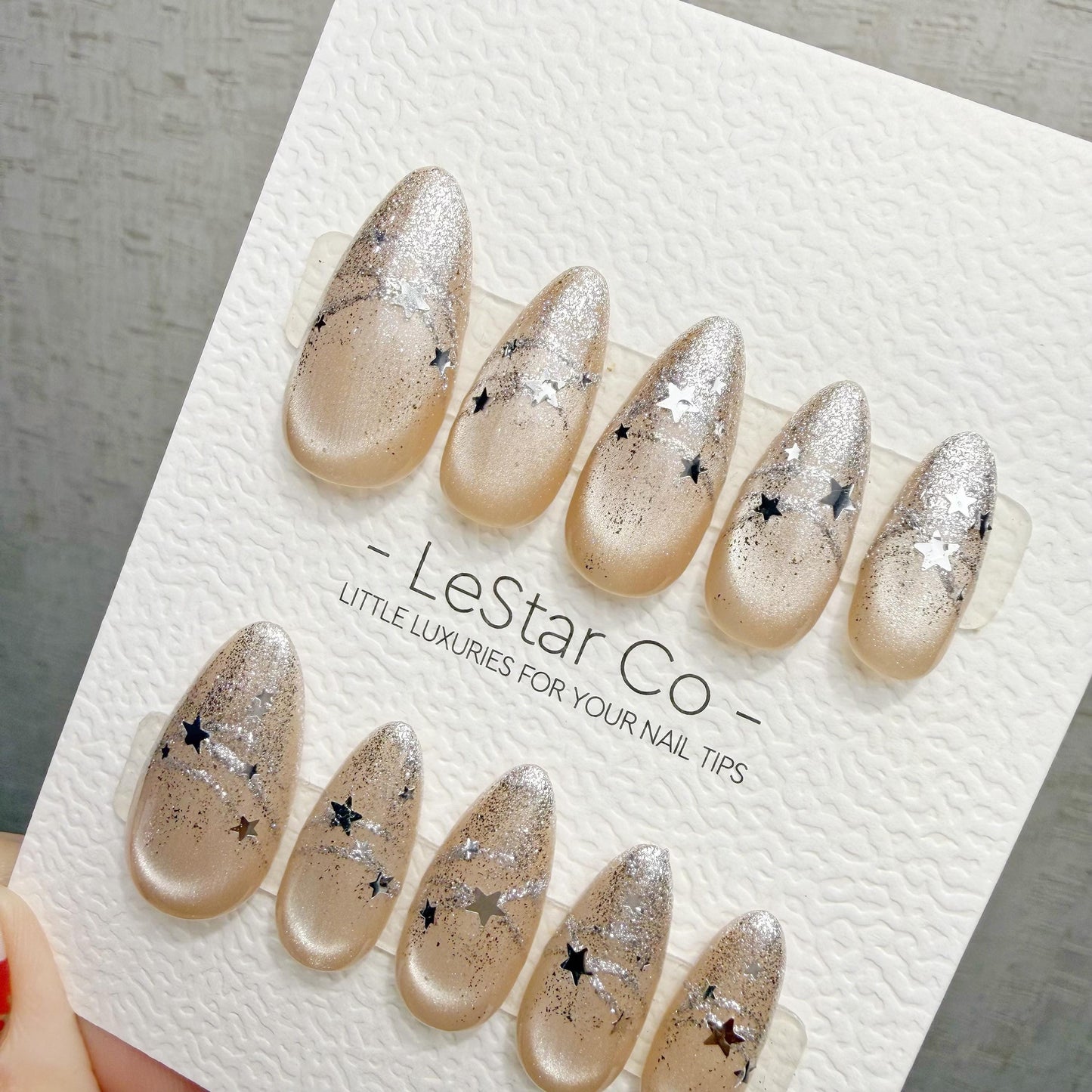 Handmade Starlit Champagne Cat Eye Press On Nails – Gel Acrylic Manicure