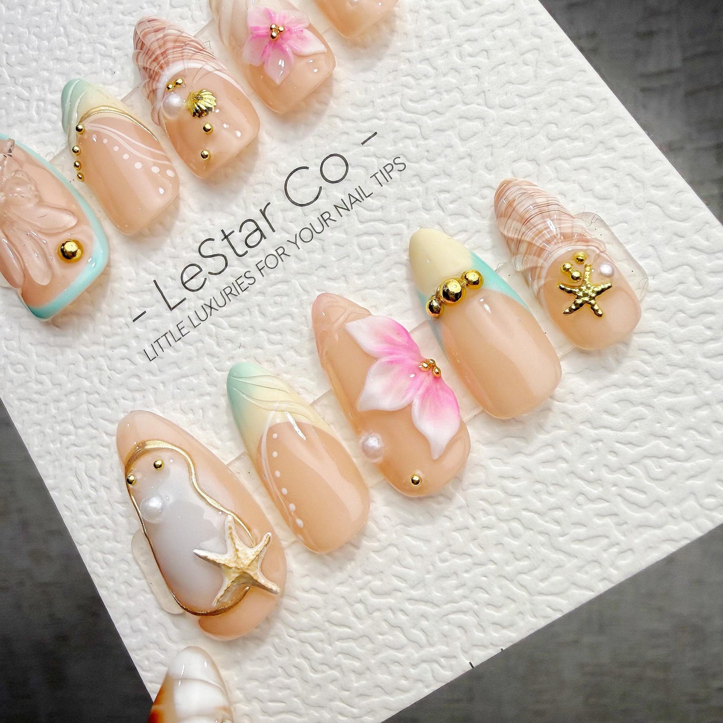 Timed Offer 4 For 3) Handmade Press On Summer Shore Gel Acrylic Nails