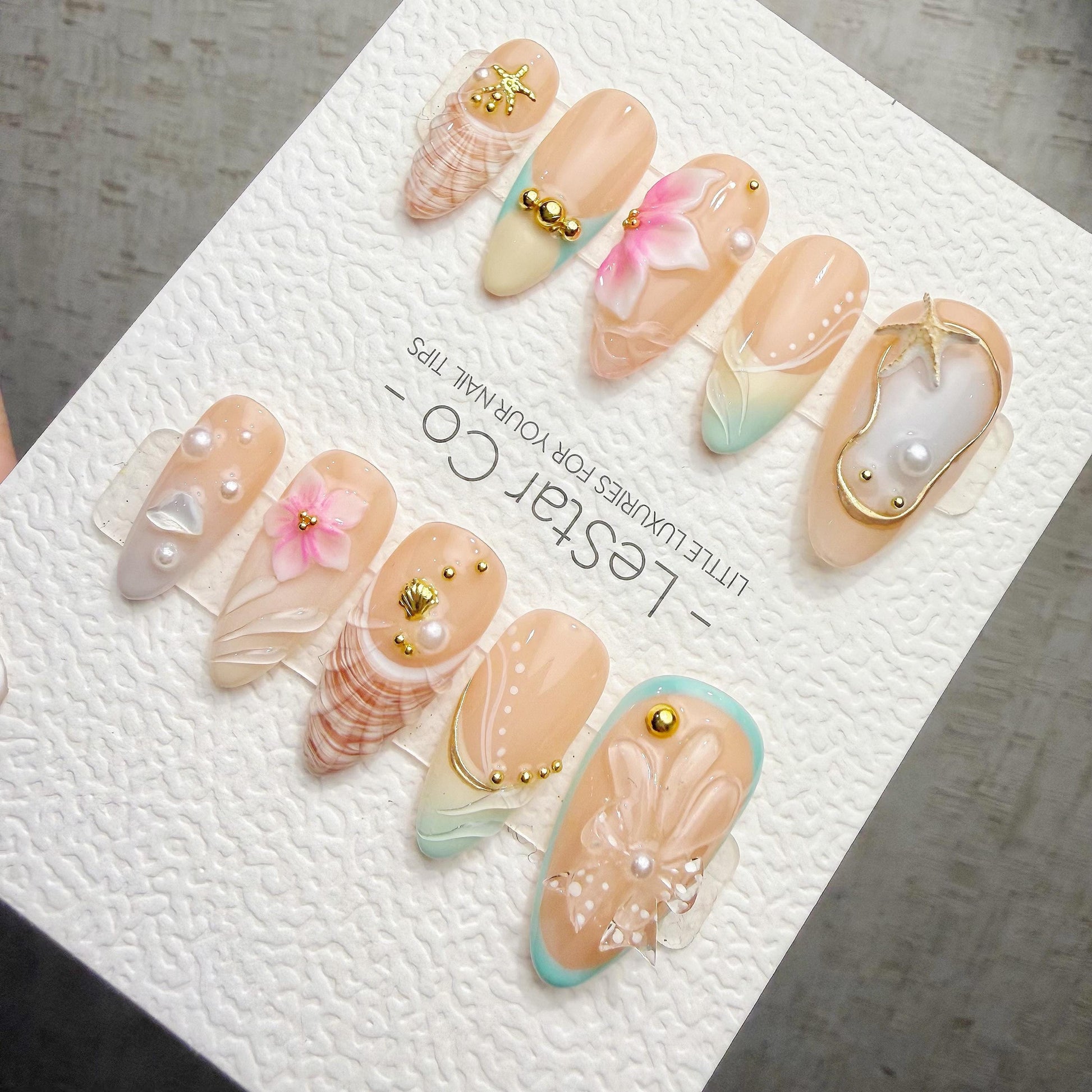 Timed Offer 4 For 3) Handmade Press On Summer Shore Gel Acrylic Nails
