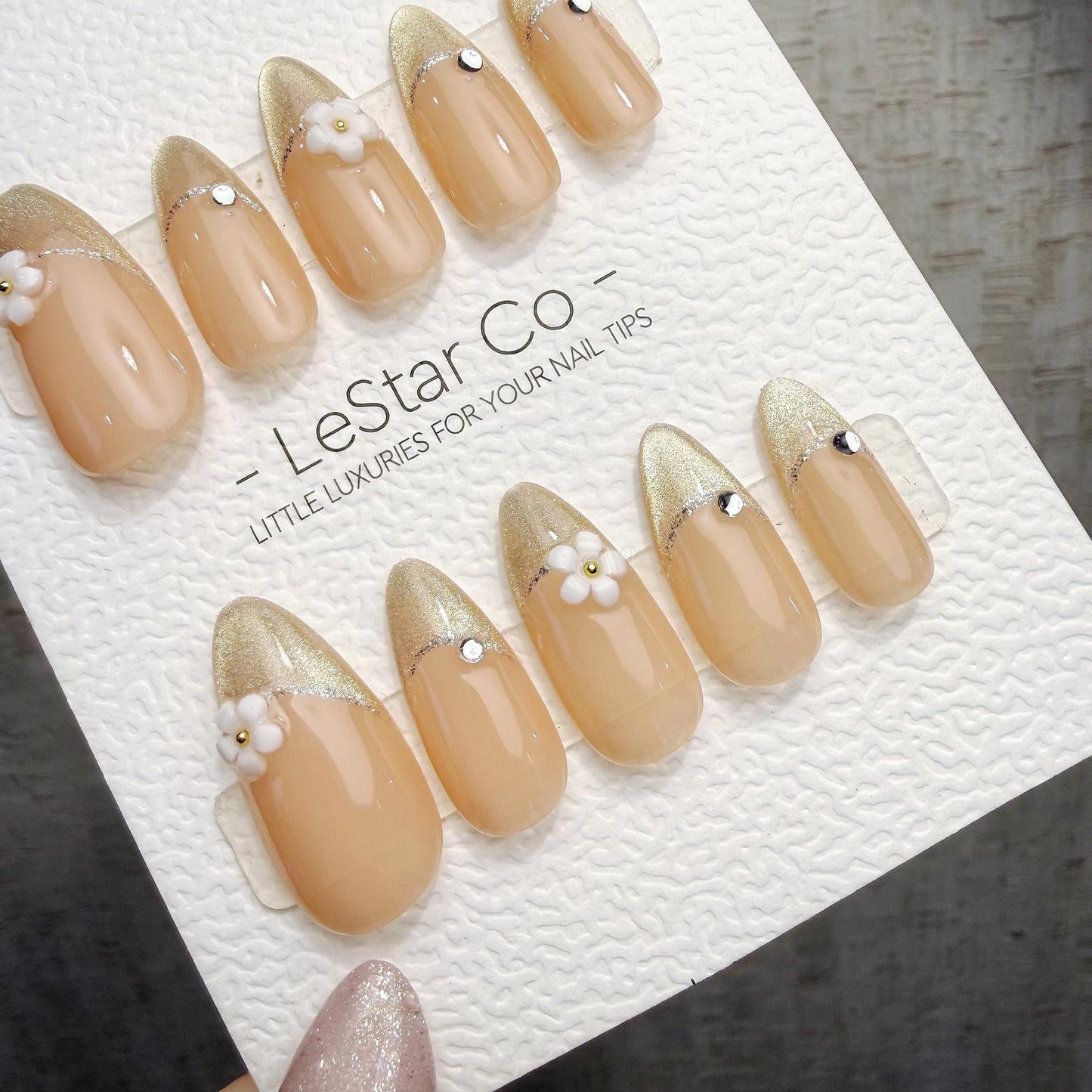 Timed Offer 4 For 3) Handmade Press On Champagne Blossom Gel Acrylic Nails