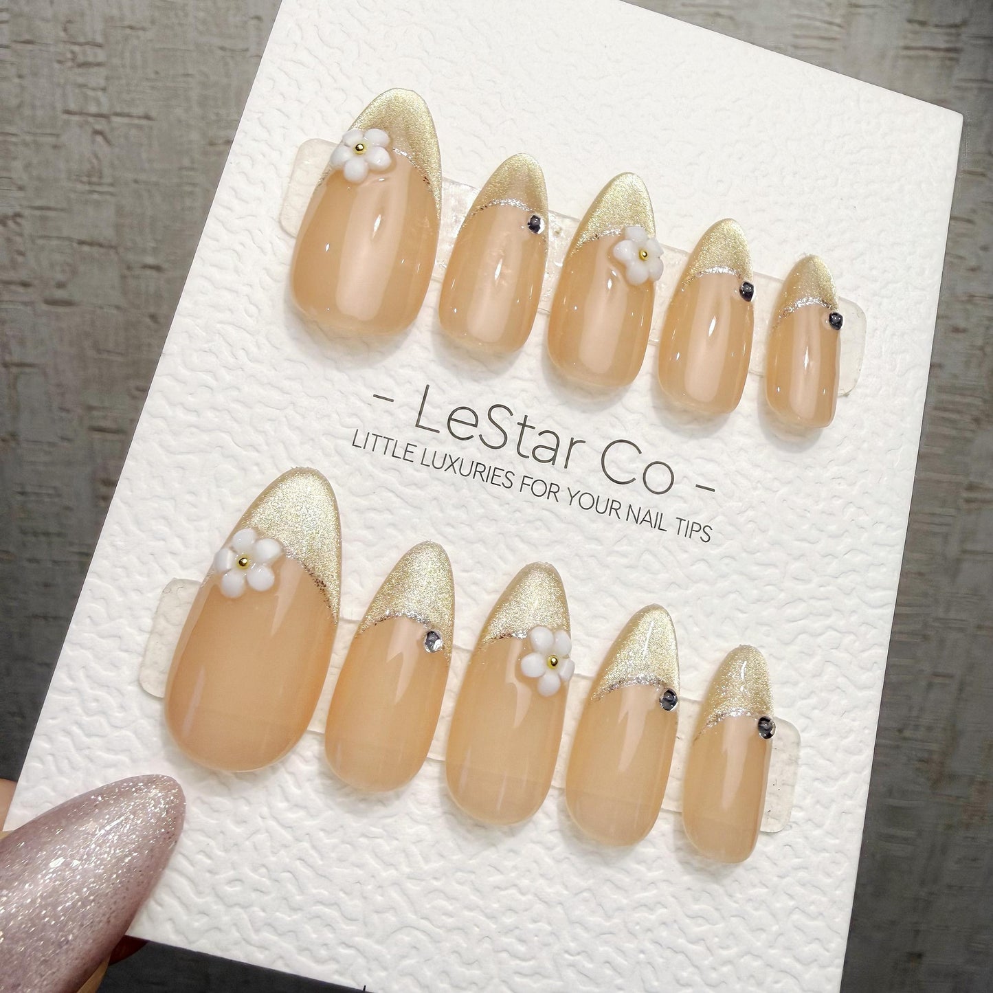 Timed Offer 4 For 3) Handmade Press On Champagne Blossom Gel Acrylic Nails