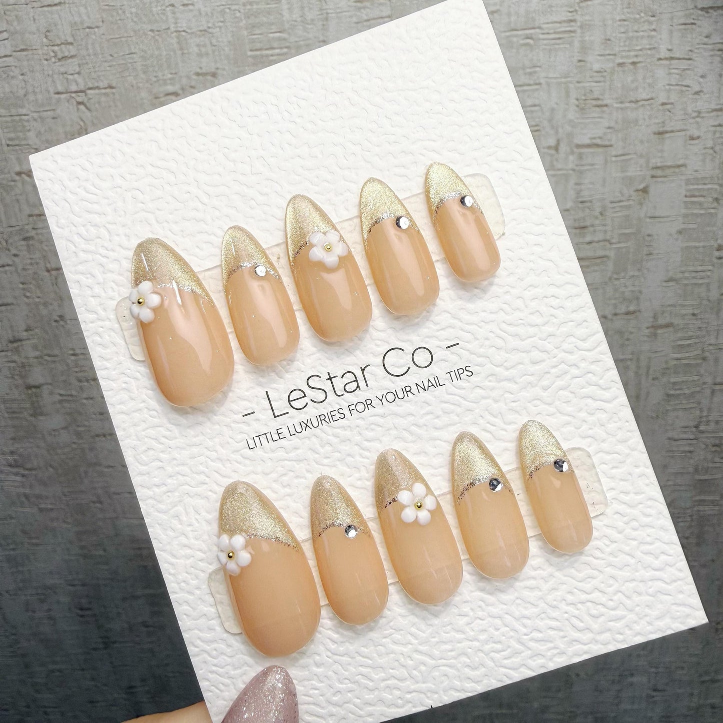 Timed Offer 4 For 3) Handmade Press On Champagne Blossom Gel Acrylic Nails