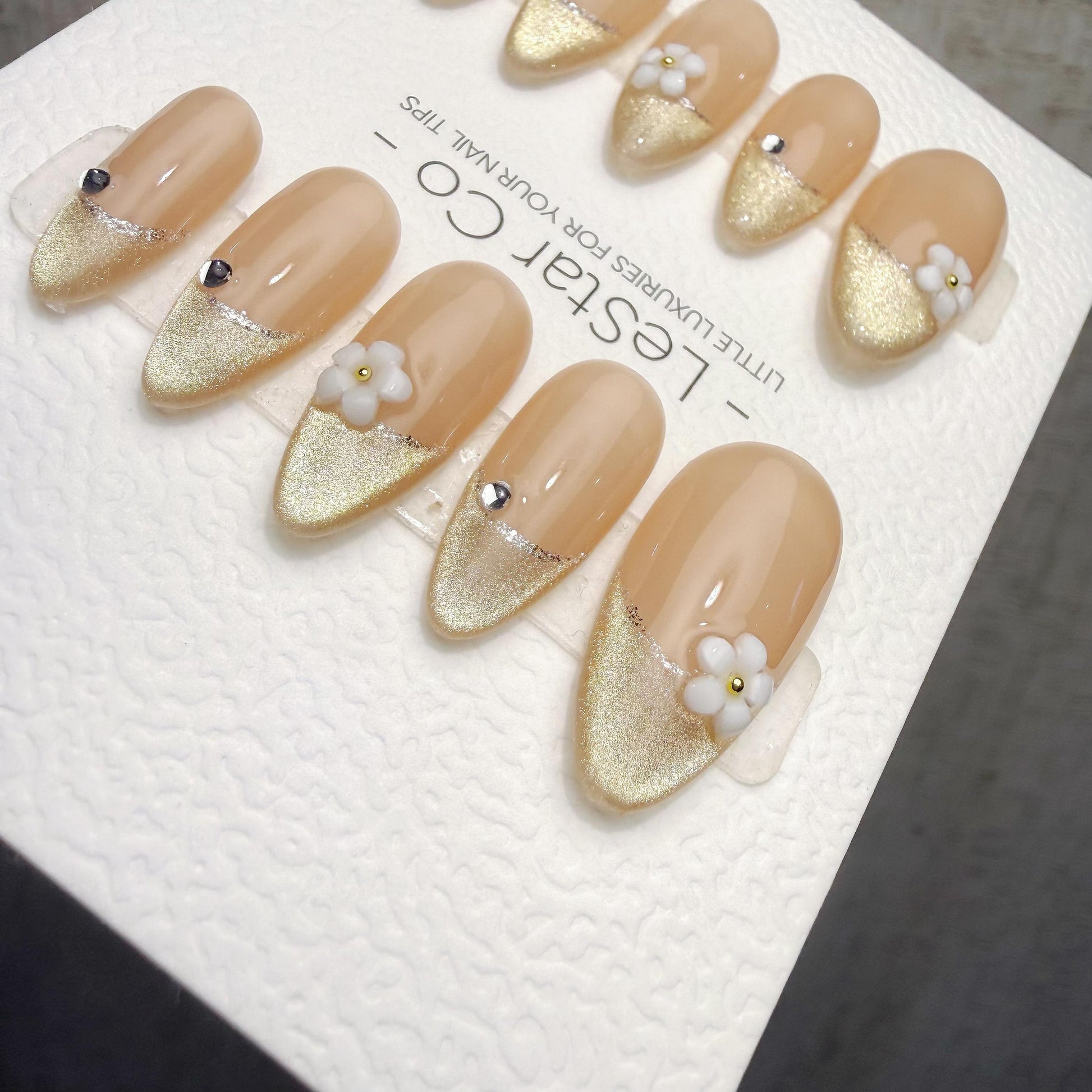 Timed Offer 4 For 3) Handmade Press On Champagne Blossom Gel Acrylic Nails