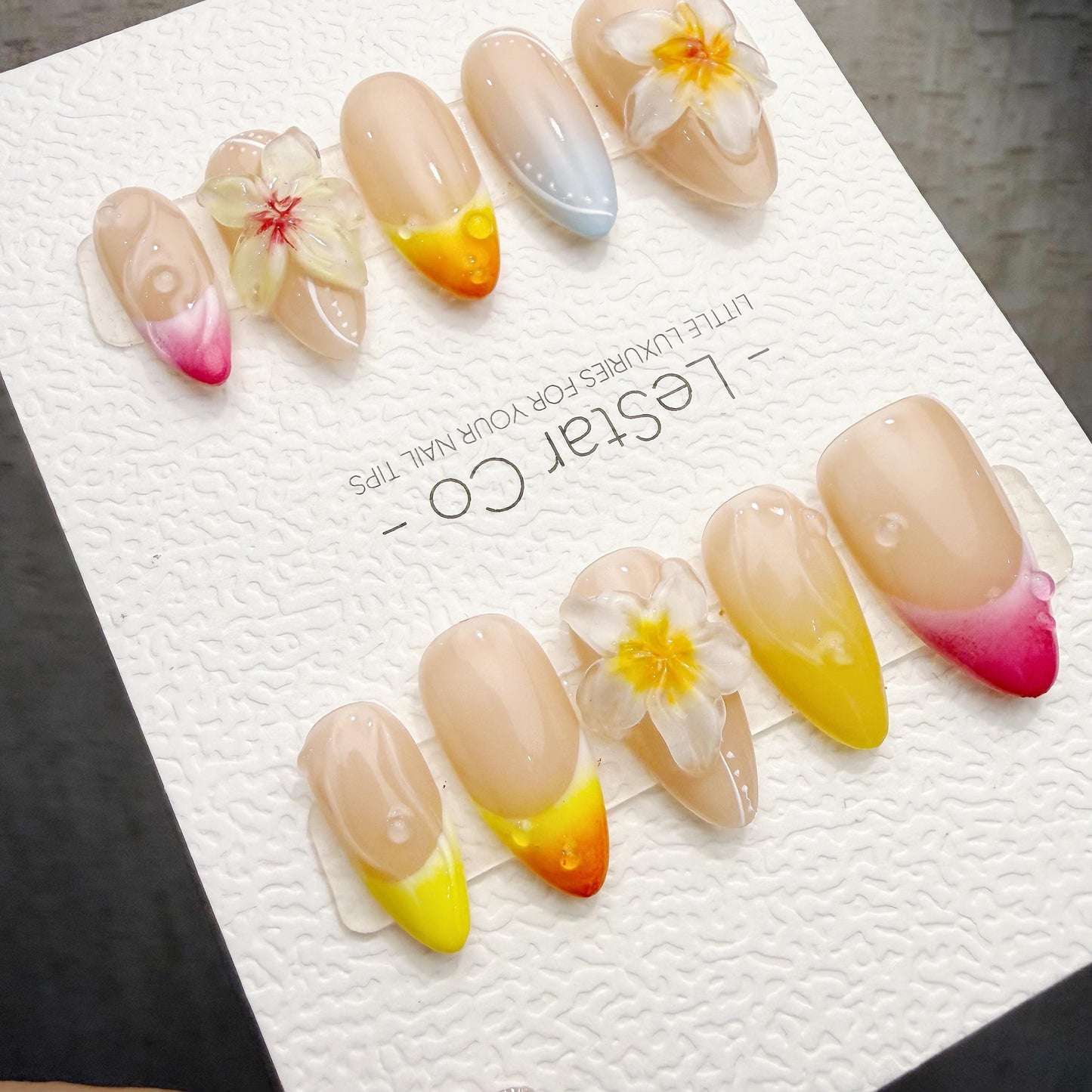 Timed Offer 4 For 3) Handmade Press On Summer Frangipani Gel Acrylic Nails