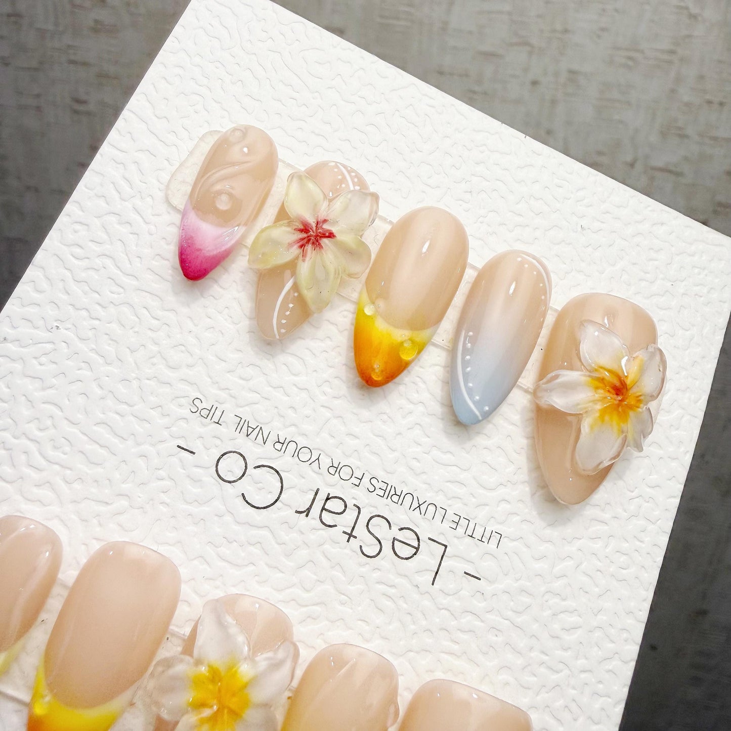 Timed Offer 4 For 3) Handmade Press On Summer Frangipani Gel Acrylic Nails