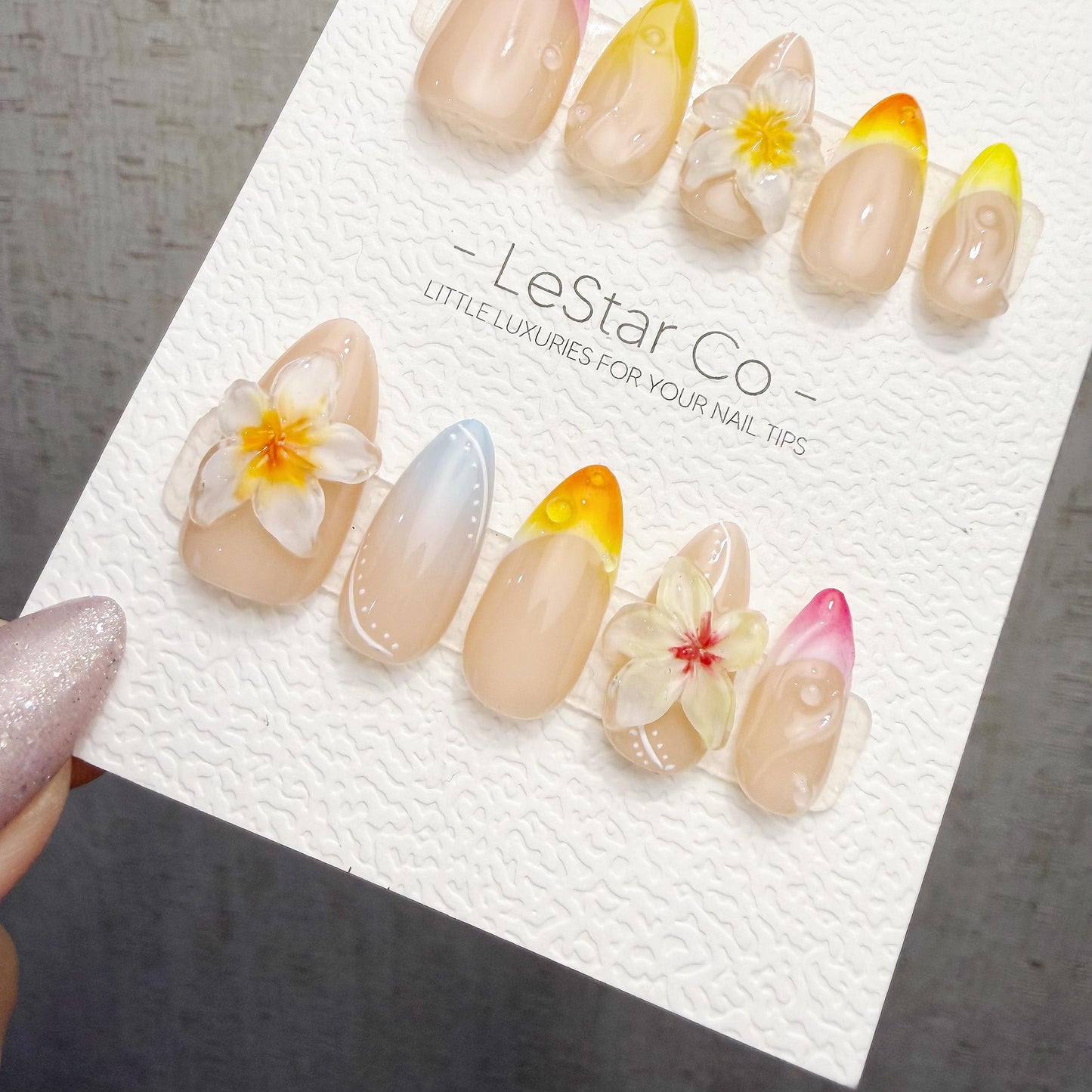 Timed Offer 4 For 3) Handmade Press On Summer Frangipani Gel Acrylic Nails