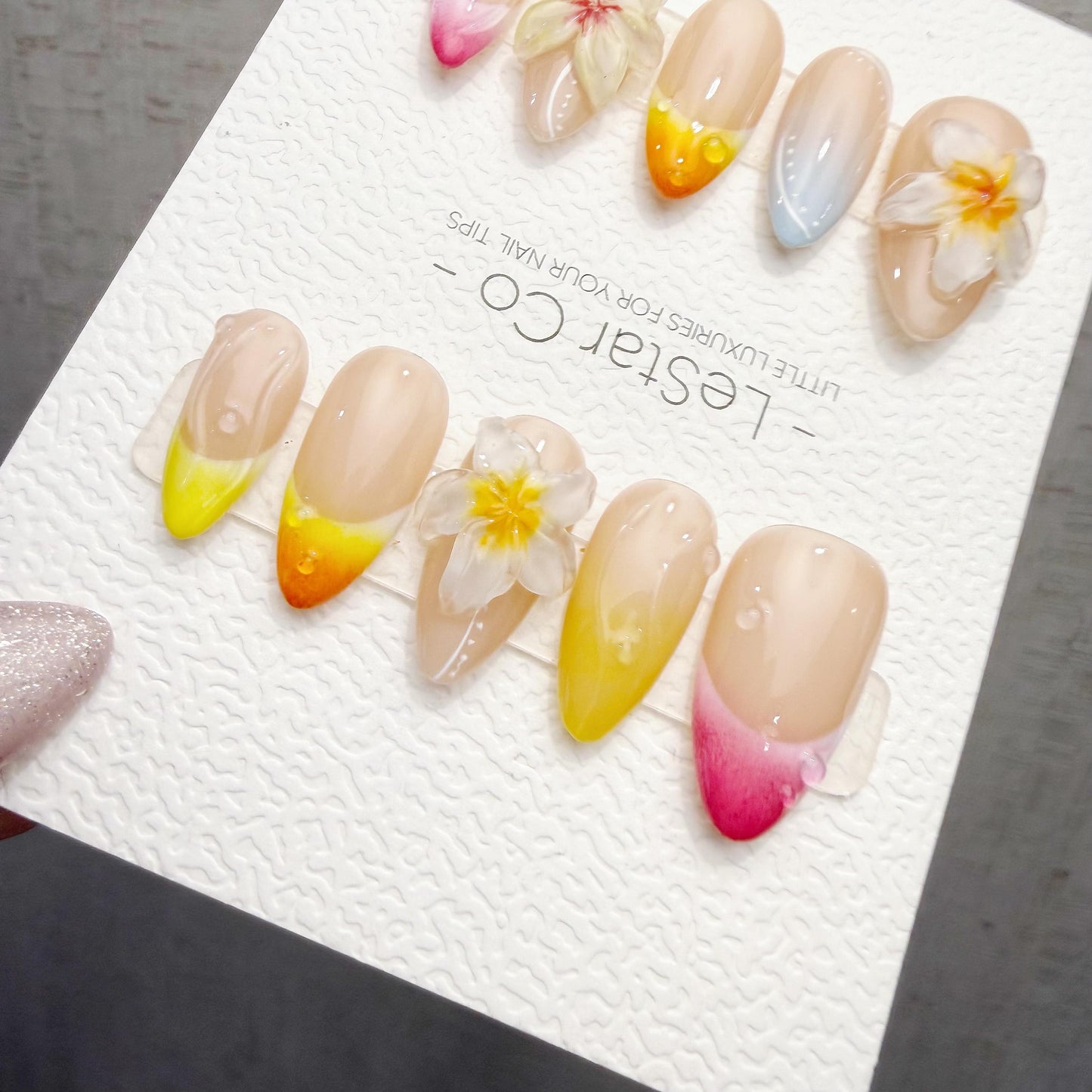 Timed Offer 4 For 3) Handmade Press On Summer Frangipani Gel Acrylic Nails