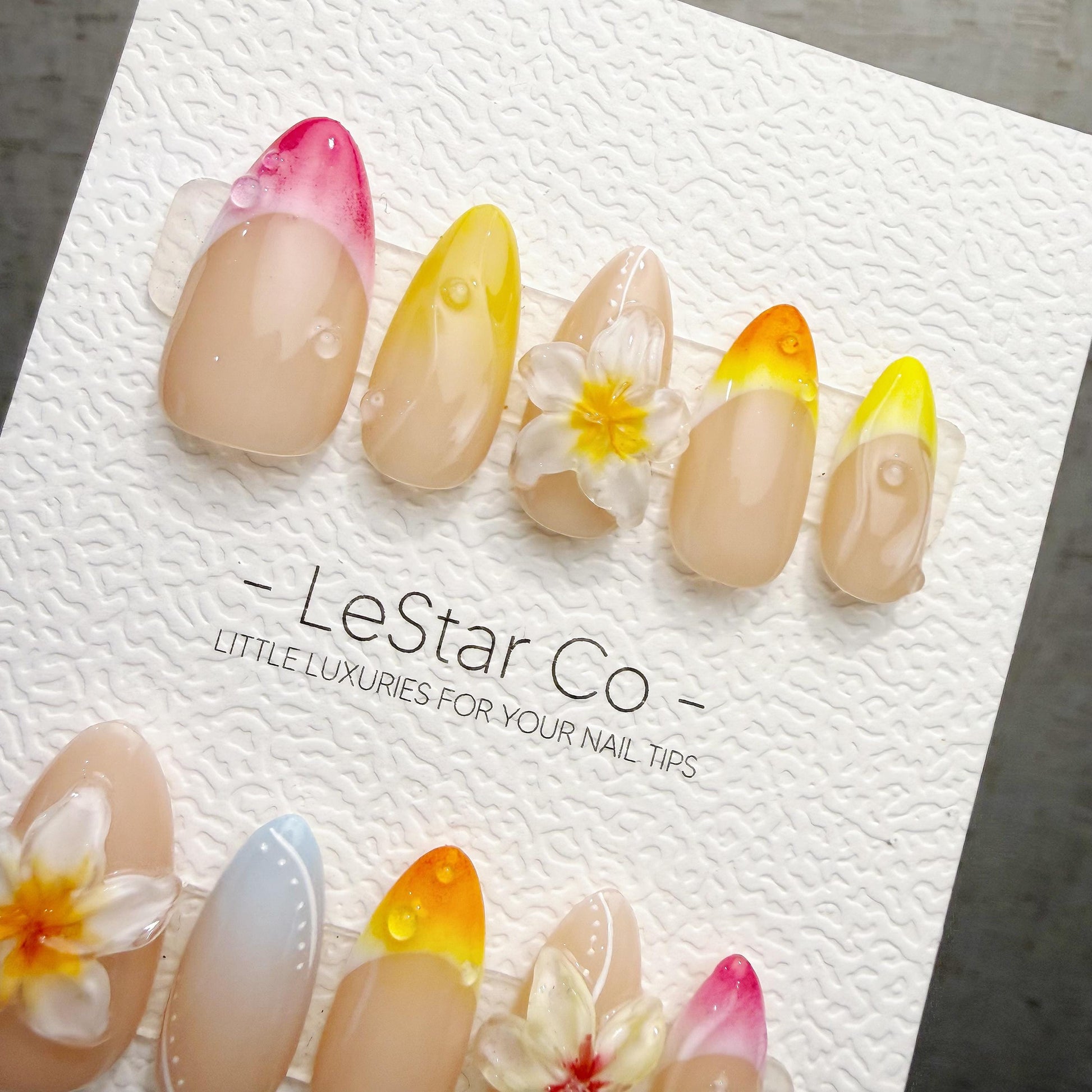 Timed Offer 4 For 3) Handmade Press On Summer Frangipani Gel Acrylic Nails
