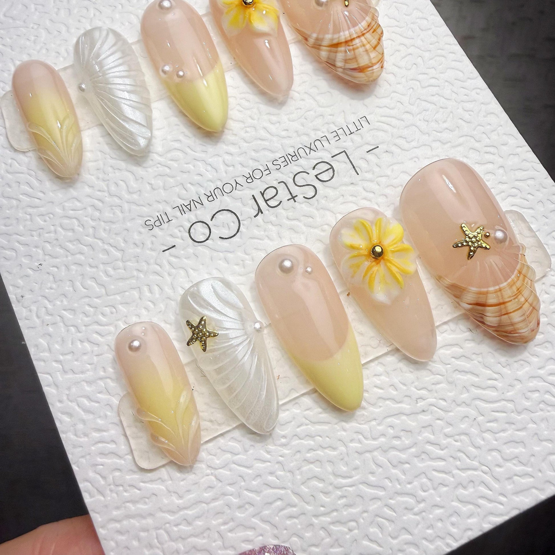 Timed Offer 4 For 3) Handmade Press On Shell & Sunshine Gel Acrylic Nails