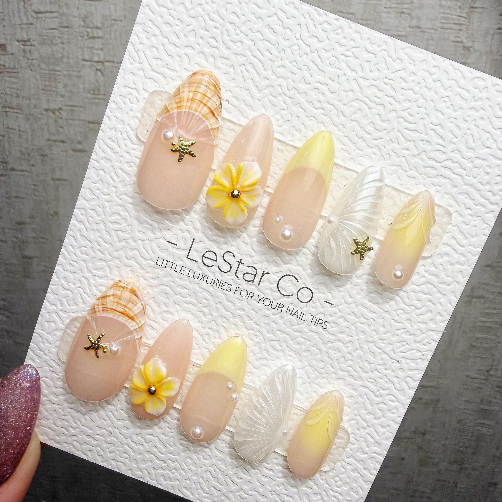 Timed Offer 4 For 3) Handmade Press On Shell & Sunshine Gel Acrylic Nails