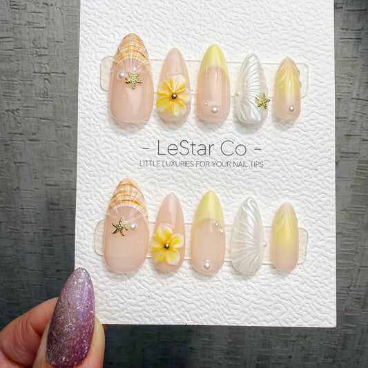Timed Offer 4 For 3) Handmade Press On Shell & Sunshine Gel Acrylic Nails