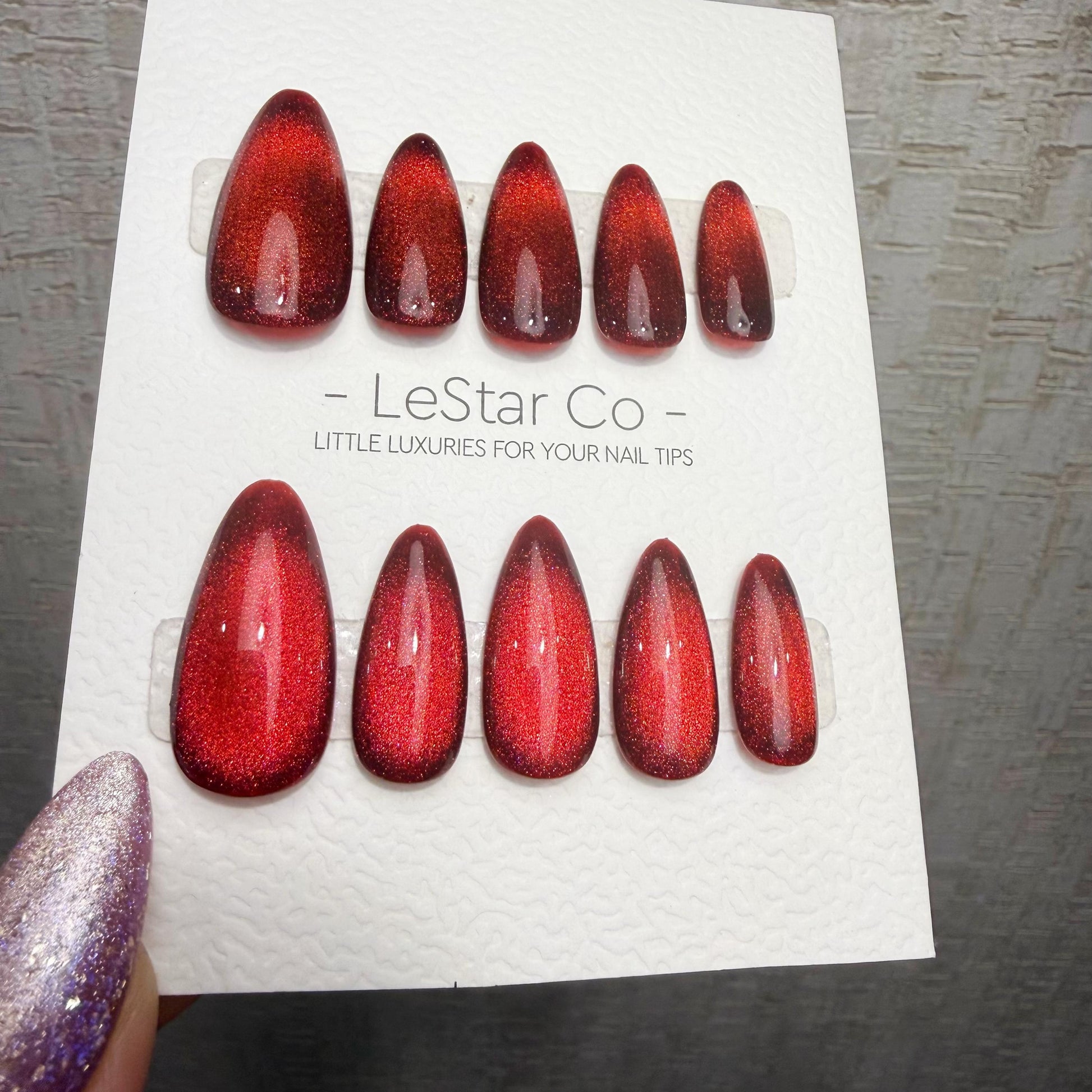 Handmade Ruby Eclipse Cat Eye Gel Press On Nails – Reusable, Customizable Manicure