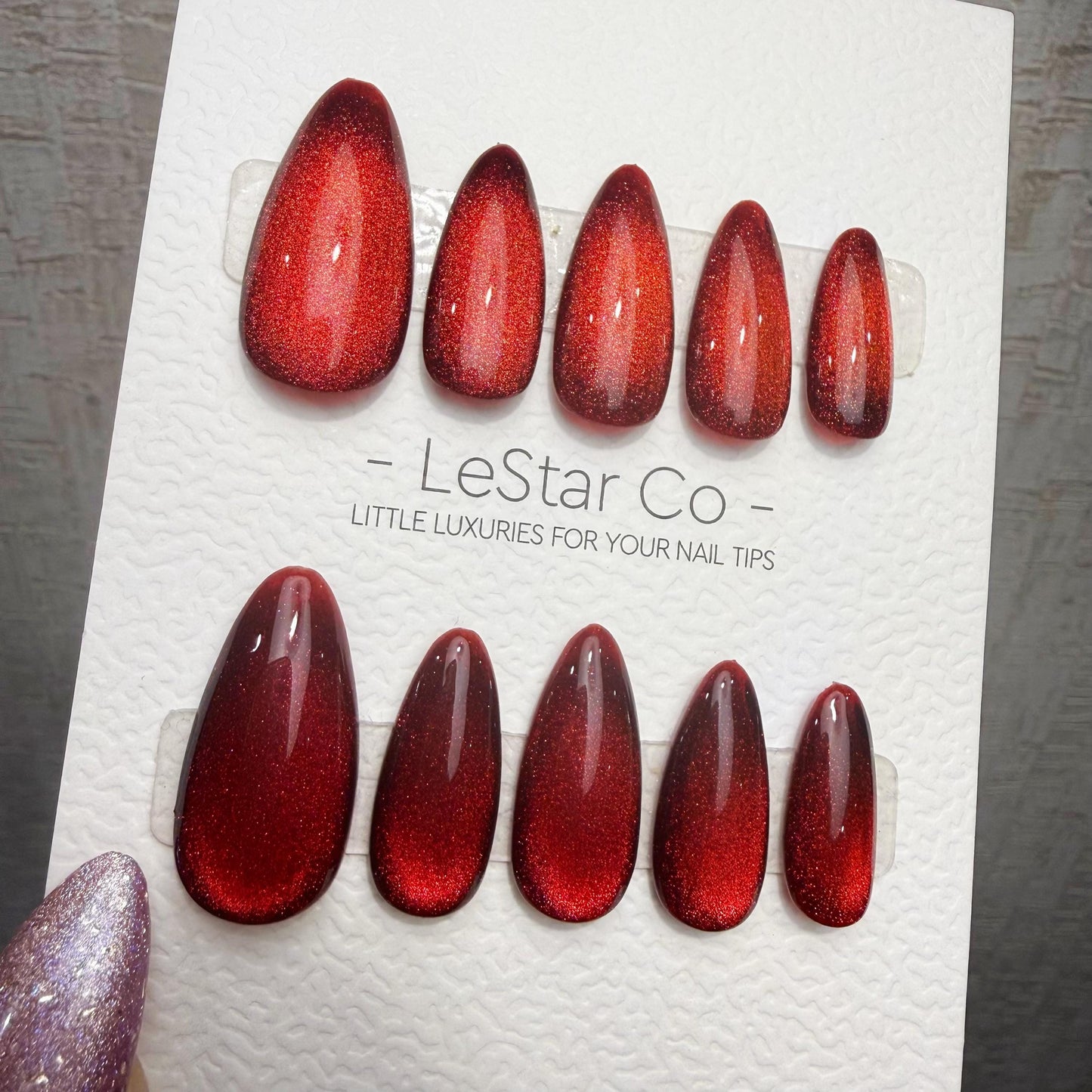 Handmade Ruby Eclipse Cat Eye Gel Press On Nails – Reusable, Customizable Manicure