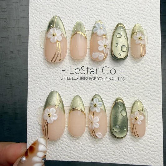 Timed Offer 4 For 3) Handmade Press On Fresh Dewdrop Gel Acrylic Nails