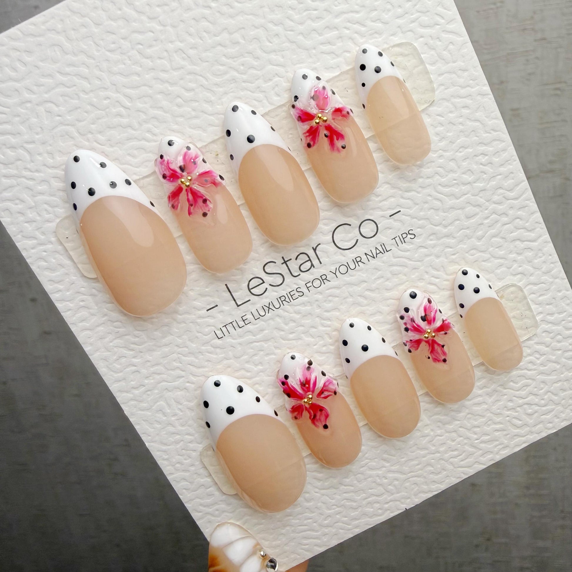 Timed Offer 4 For 3) Handmade Press On Dotted Bloom Gel Acrylic Nails