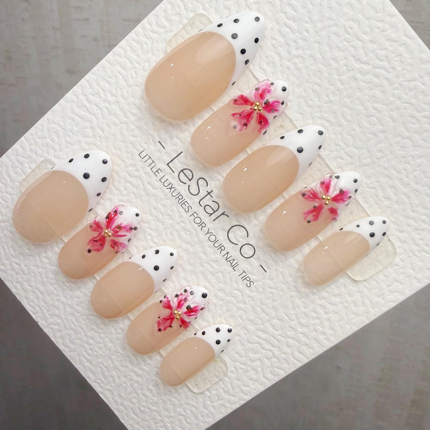 Timed Offer 4 For 3) Handmade Press On Dotted Bloom Gel Acrylic Nails