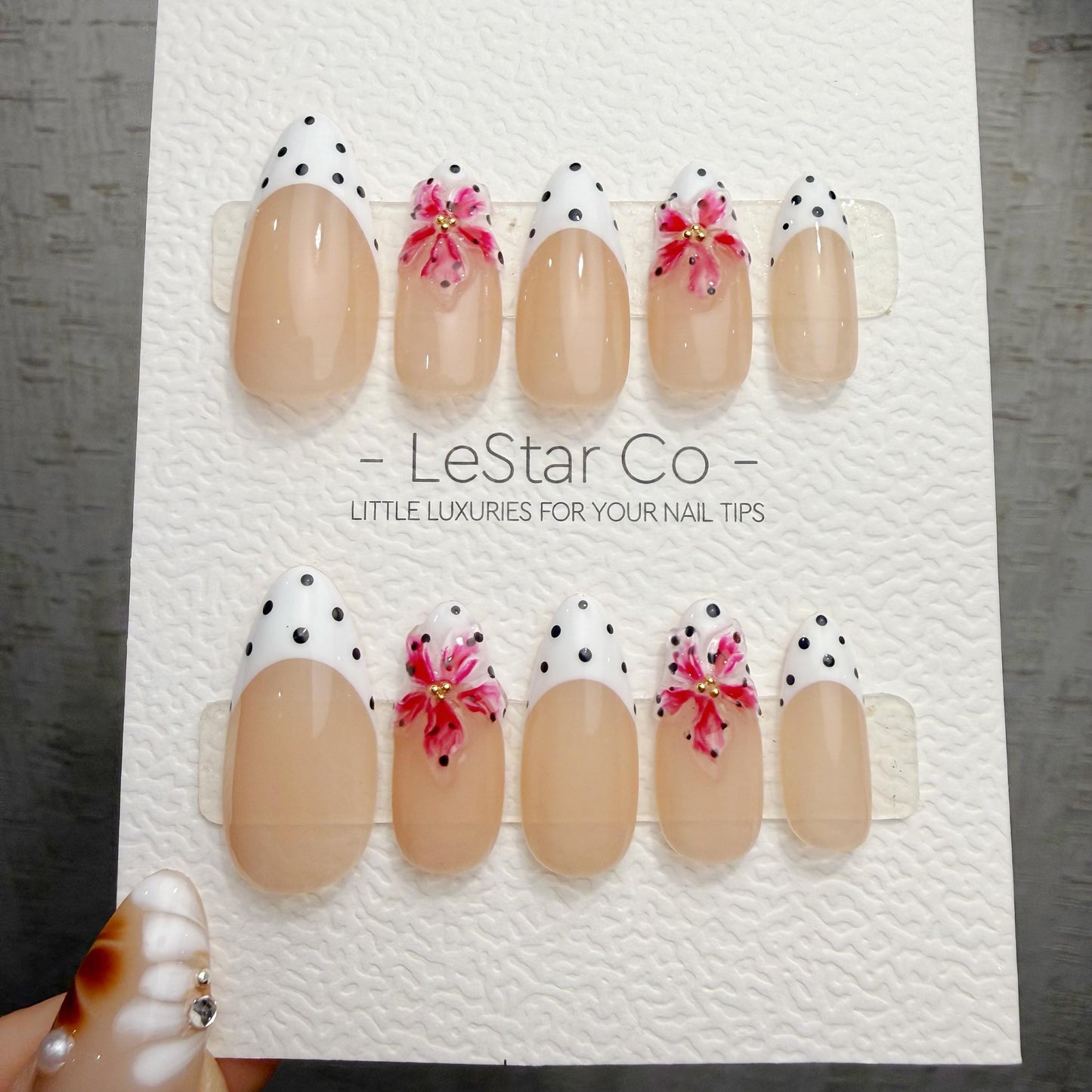 Timed Offer 4 For 3) Handmade Press On Dotted Bloom Gel Acrylic Nails
