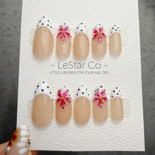 Timed Offer 4 For 3) Handmade Press On Dotted Bloom Gel Acrylic Nails