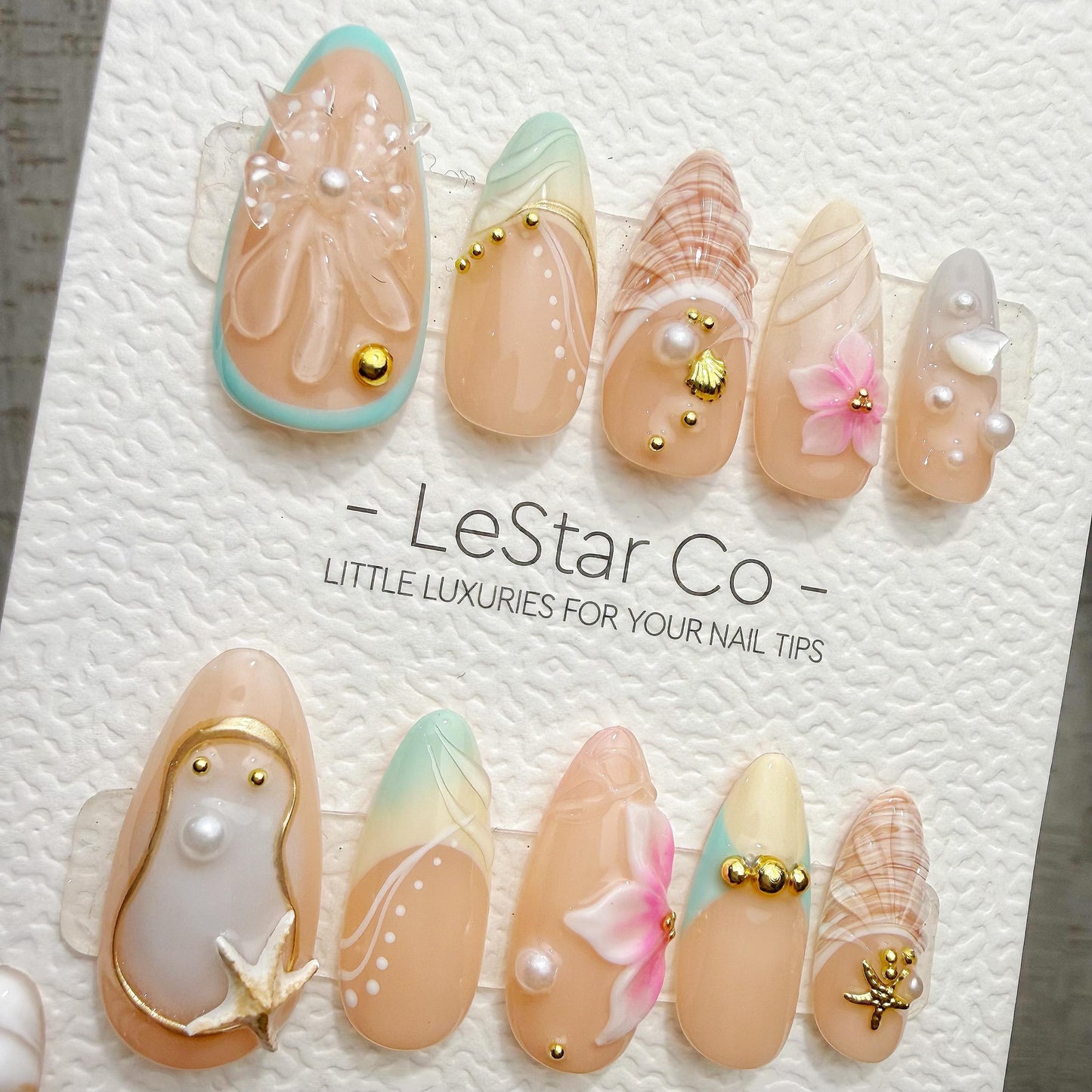 Timed Offer 4 For 3) Handmade Press On Summer Shore Gel Acrylic Nails