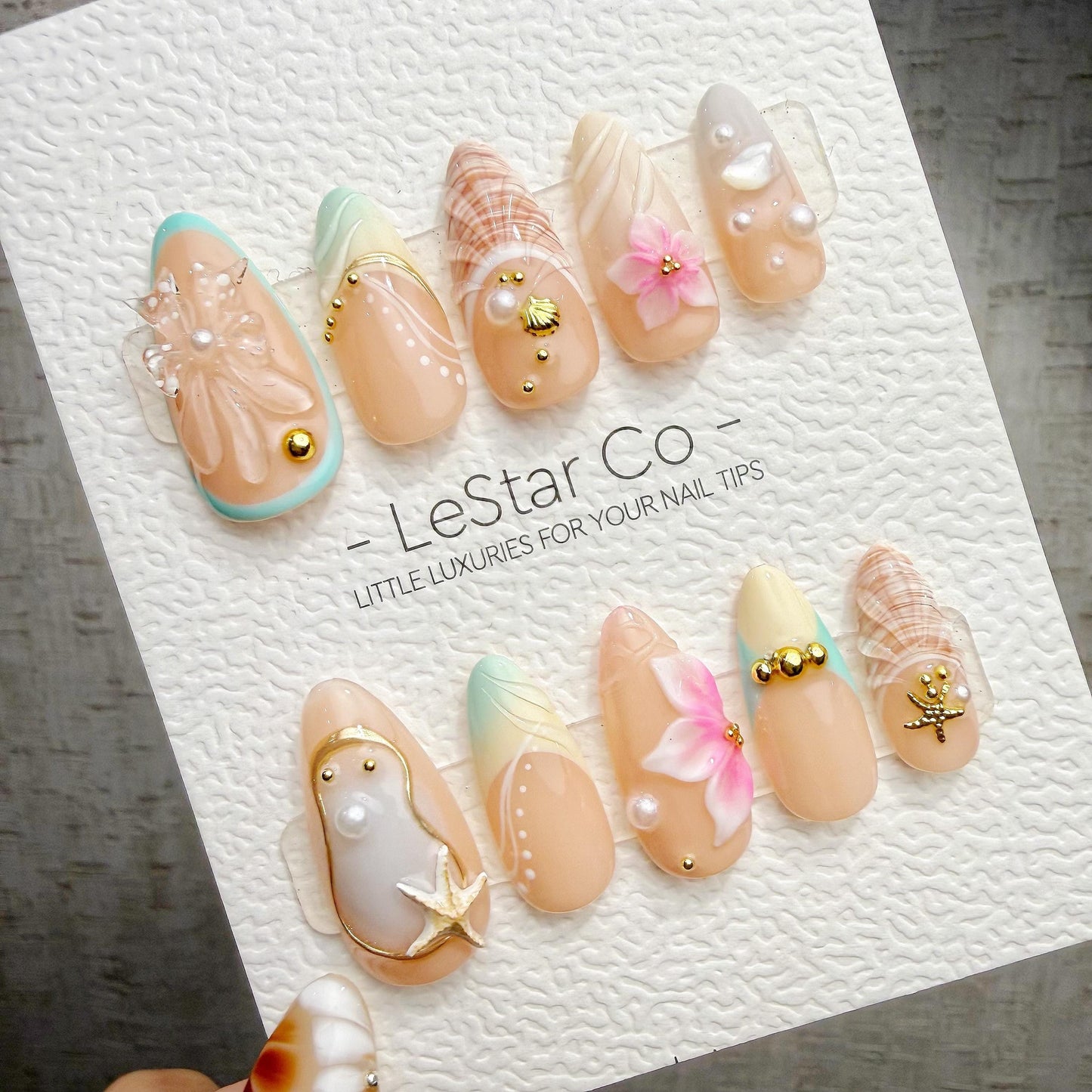 Timed Offer 4 For 3) Handmade Press On Summer Shore Gel Acrylic Nails