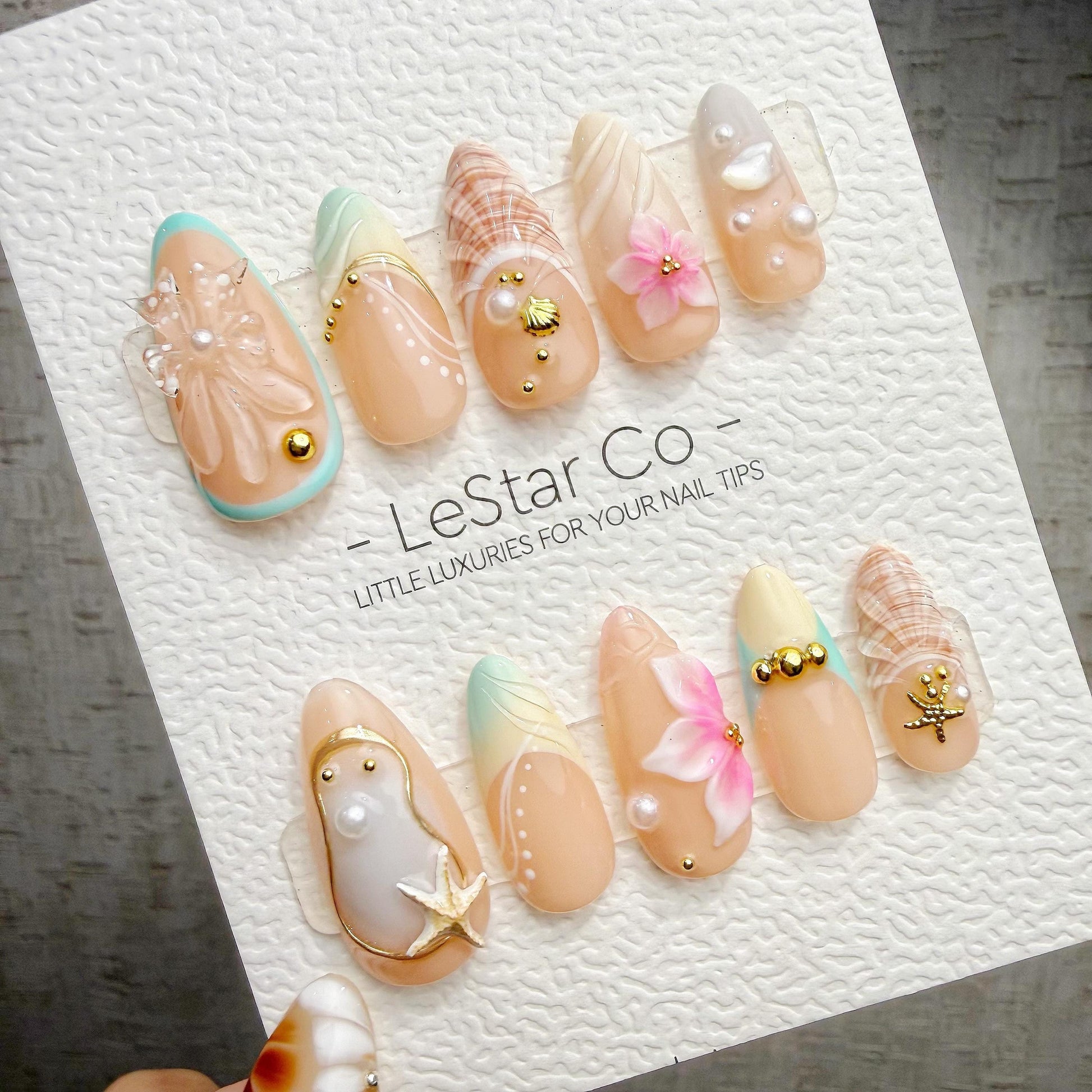 Timed Offer 4 For 3) Handmade Press On Summer Shore Gel Acrylic Nails
