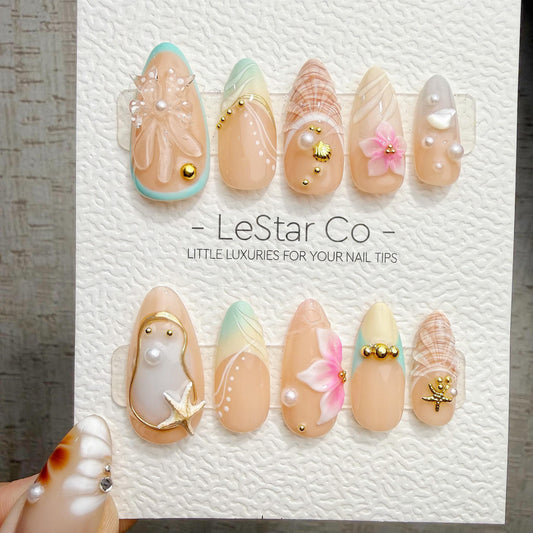 Timed Offer 4 For 3) Handmade Press On Summer Shore Gel Acrylic Nails