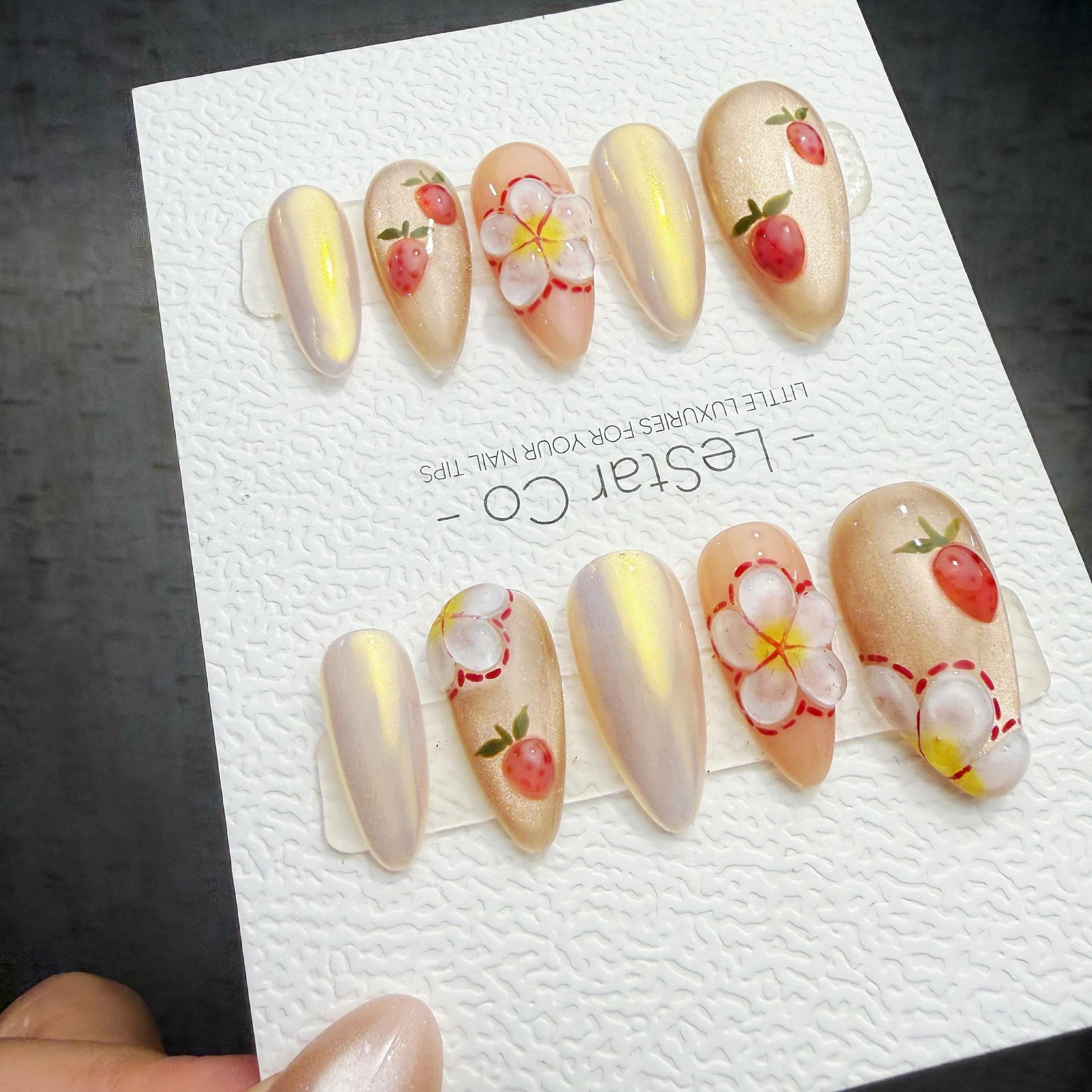 Handmade Strawberry Glow Gel Press On Nails – Sparkle Blue Manicure