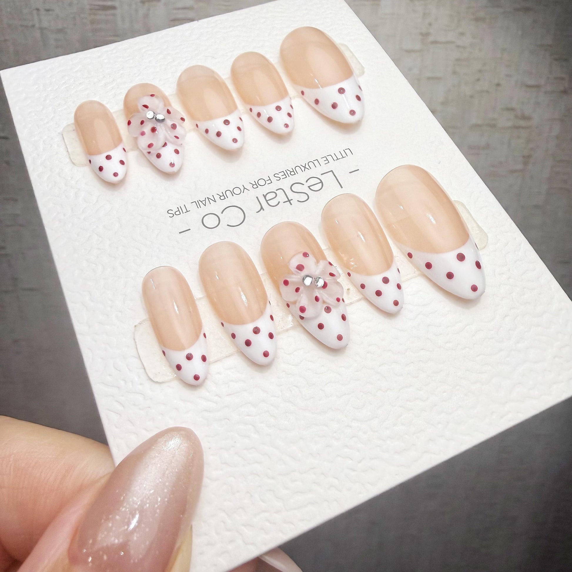 Timed Offer 4 For 3) Handmade Press On Dotted Blossom Gel Acrylic Nails