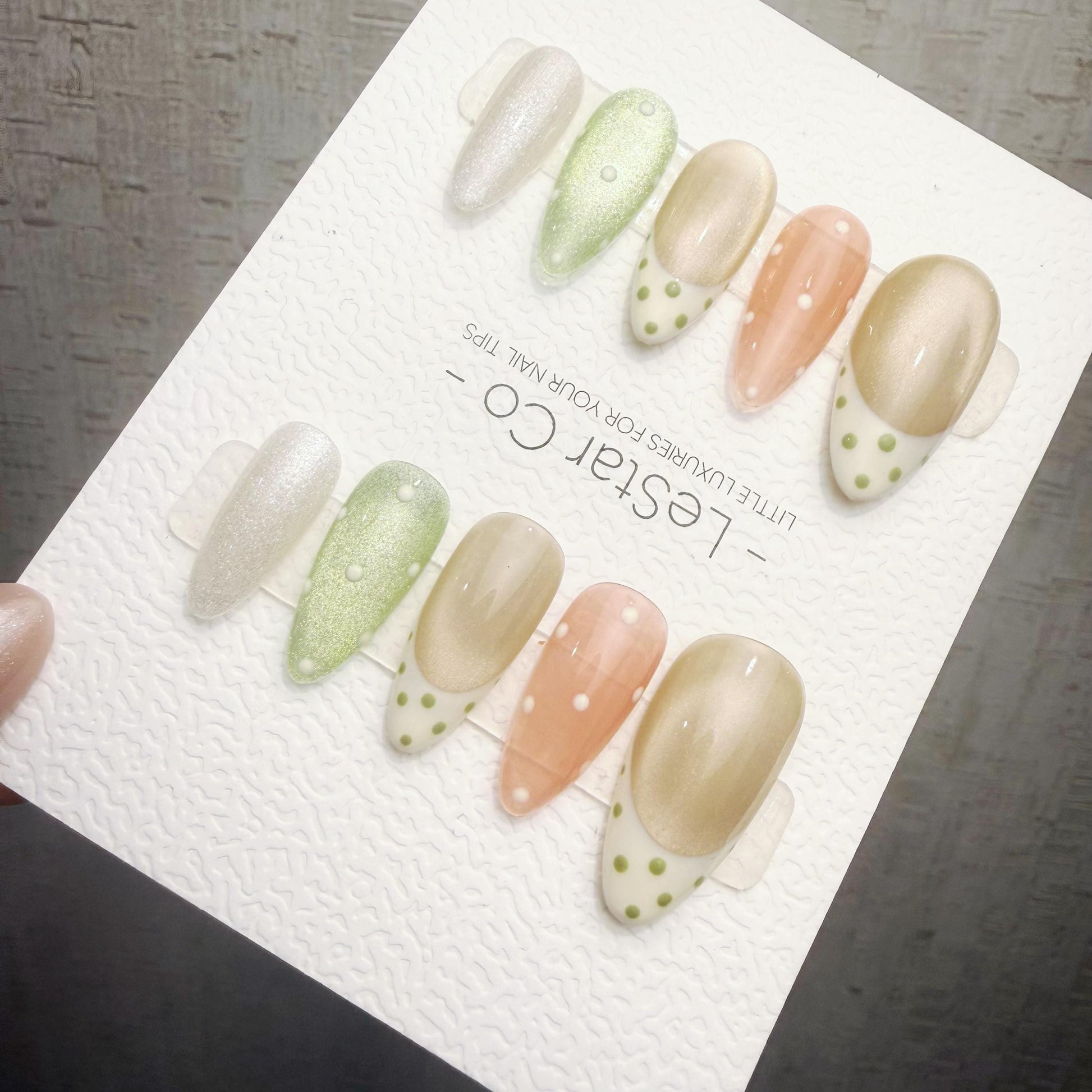 Timed Offer 4 For 3) Handmade Press On Pistachio Pearl Gel Acrylic Nails