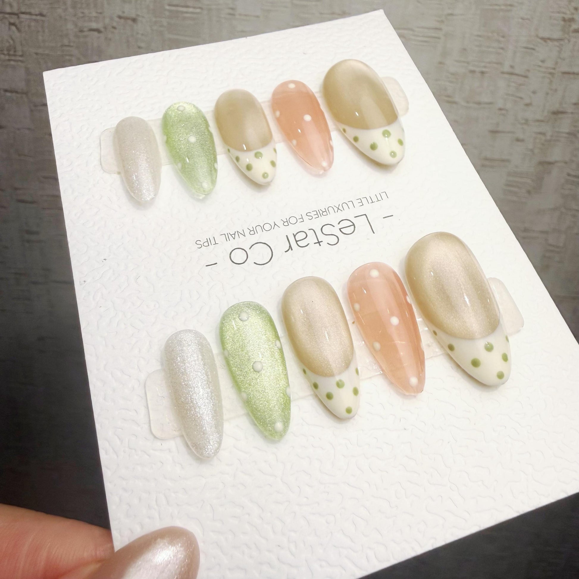 Timed Offer 4 For 3) Handmade Press On Pistachio Pearl Gel Acrylic Nails