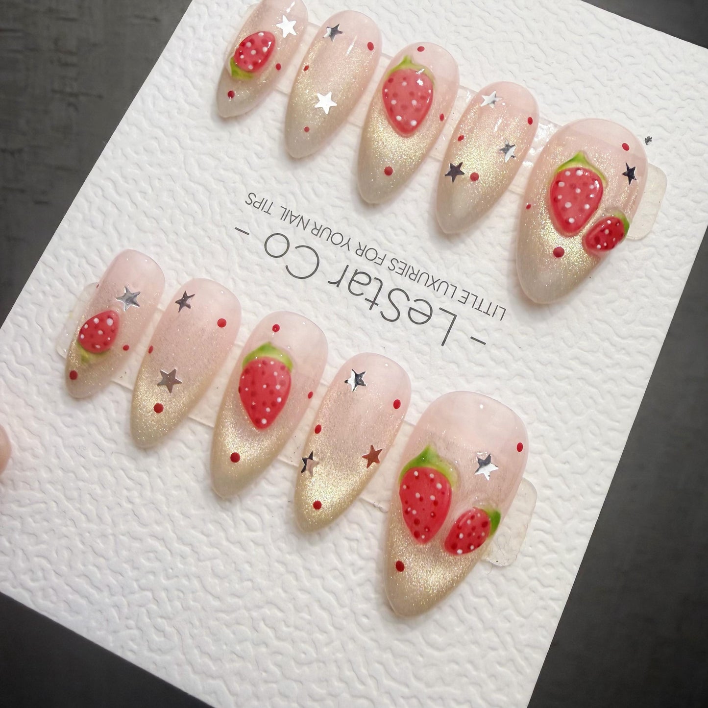 Timed Offer 4 For 3) Handmade Press On Strawberry Twinkle Gel Acrylic Nails