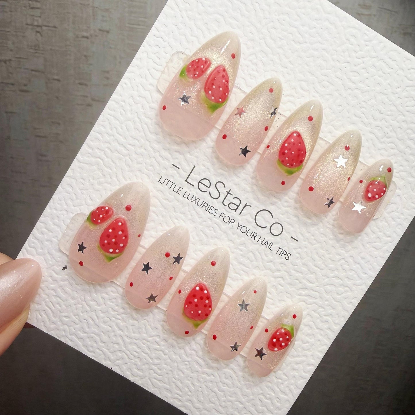 Timed Offer 4 For 3) Handmade Press On Strawberry Twinkle Gel Acrylic Nails