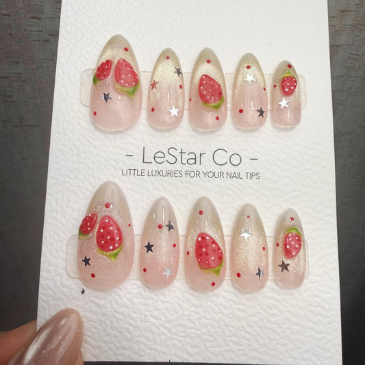 Timed Offer 4 For 3) Handmade Press On Strawberry Twinkle Gel Acrylic Nails