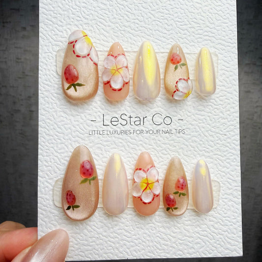 Handmade Strawberry Glow Gel Press On Nails – Sparkle Blue Manicure