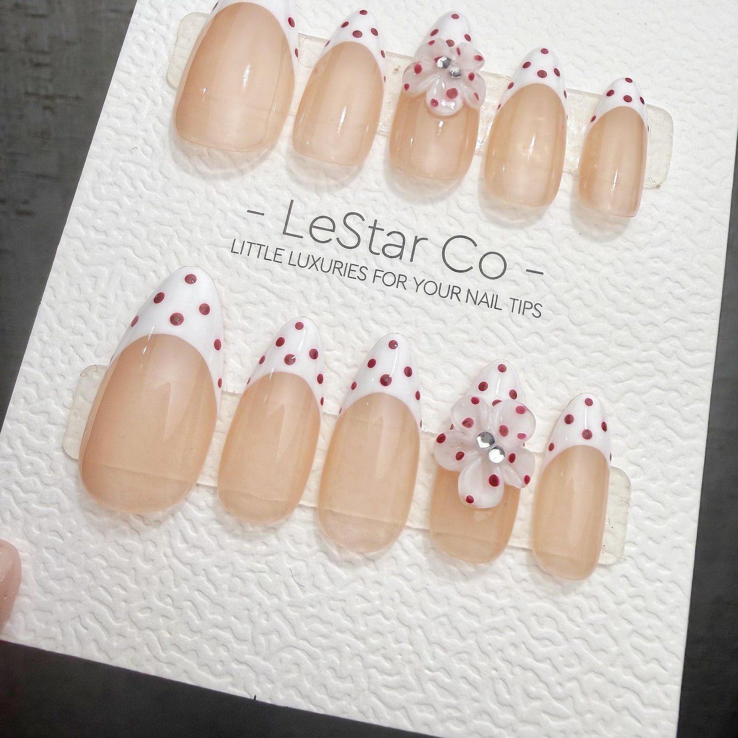 Timed Offer 4 For 3) Handmade Press On Dotted Blossom Gel Acrylic Nails