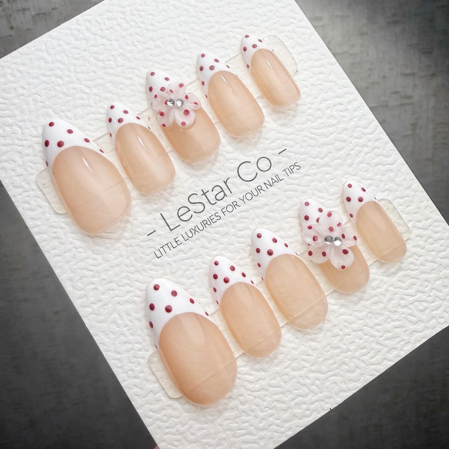 Timed Offer 4 For 3) Handmade Press On Dotted Blossom Gel Acrylic Nails
