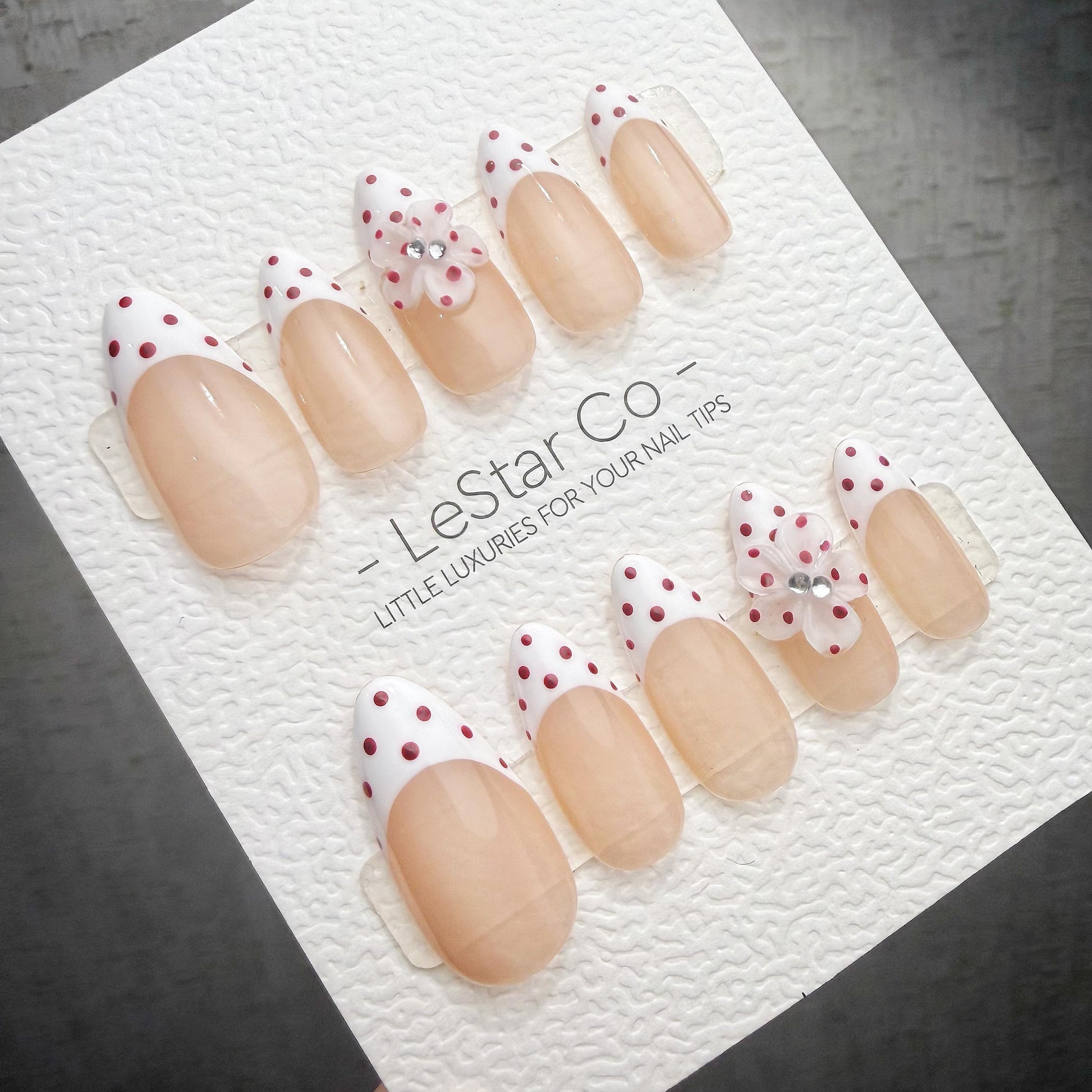 Timed Offer 4 For 3) Handmade Press On Dotted Blossom Gel Acrylic Nails